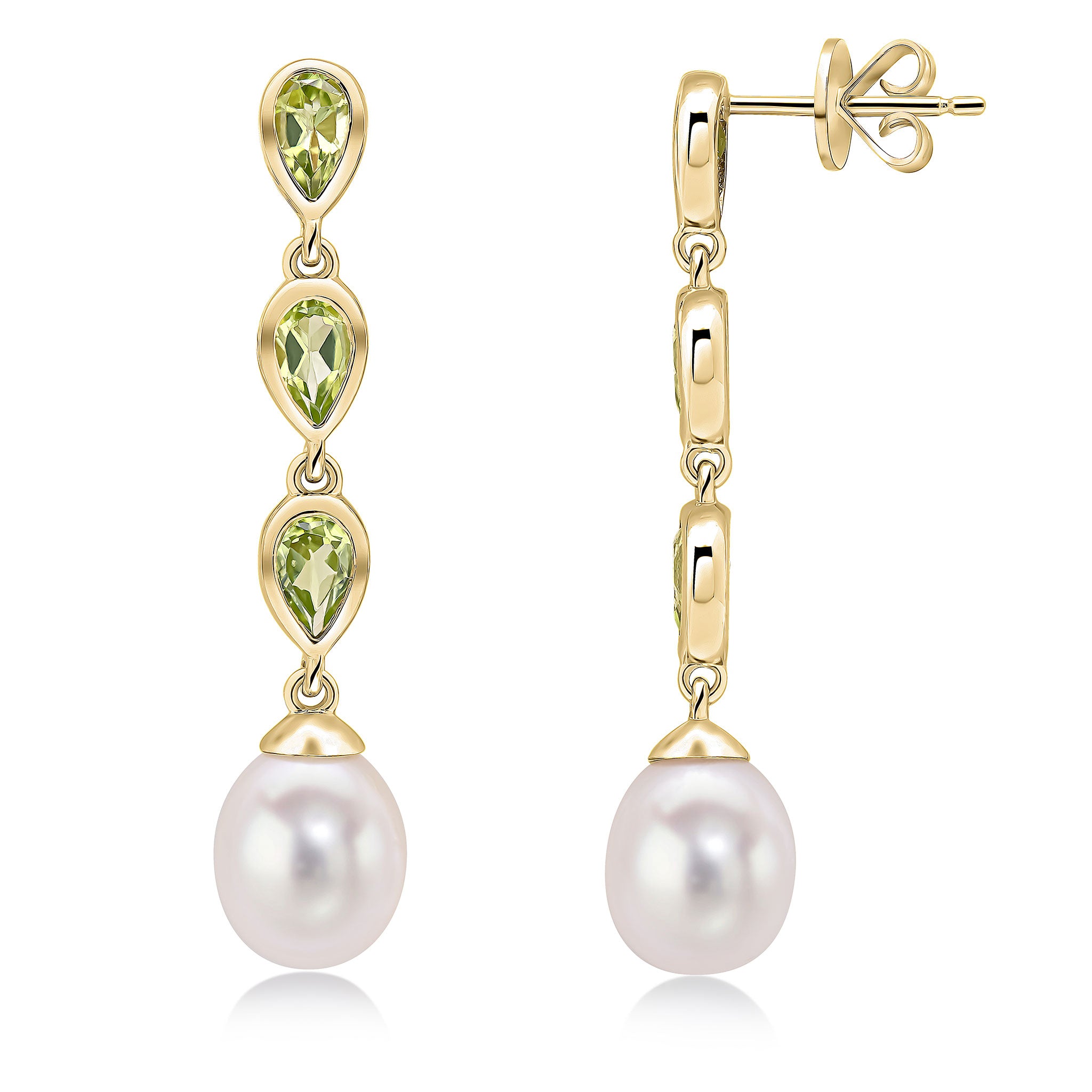 9ct Yellow Gold Pearl & Triple Pear Shape Peridot Drop Earrings