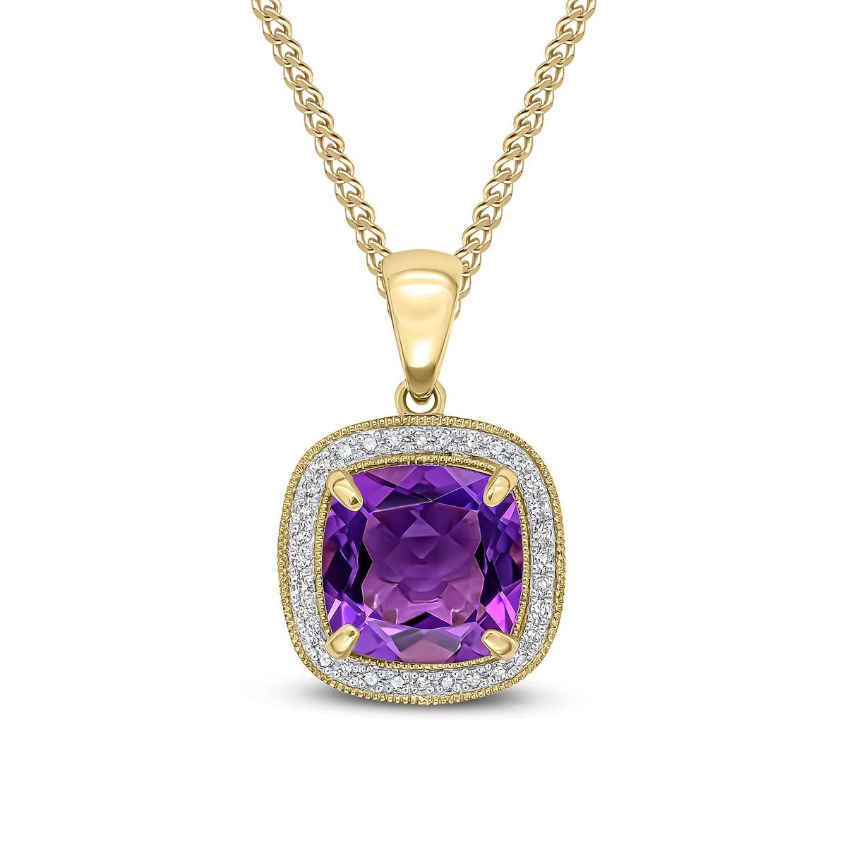 9ct Yellow Gold 9mm Cushion Amethyst & Diamond Cluster Pendant Milgrain Edge