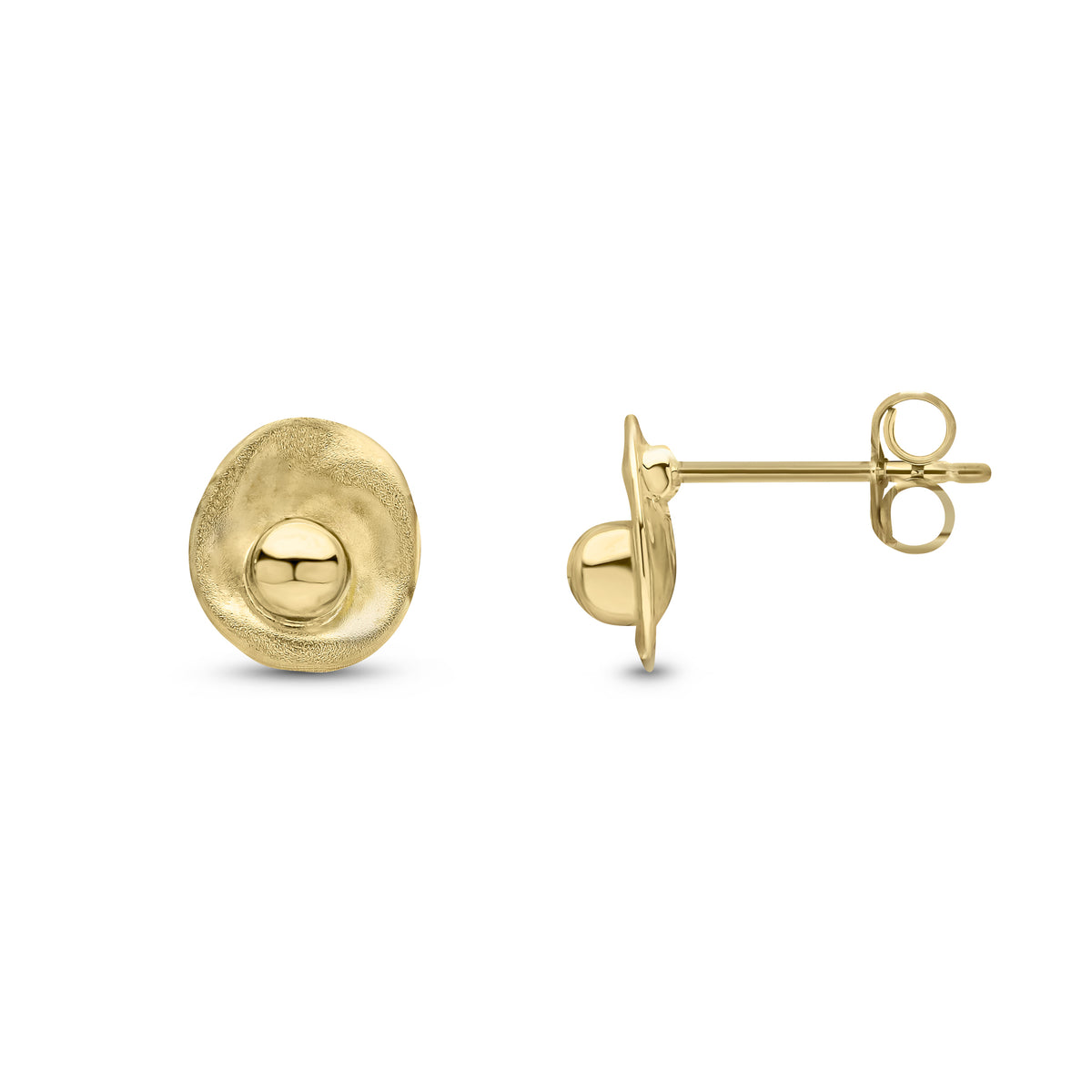 9ct Yellow Gold Satin Finish Disc and Polished Finish Ball Centre Stud Earrings