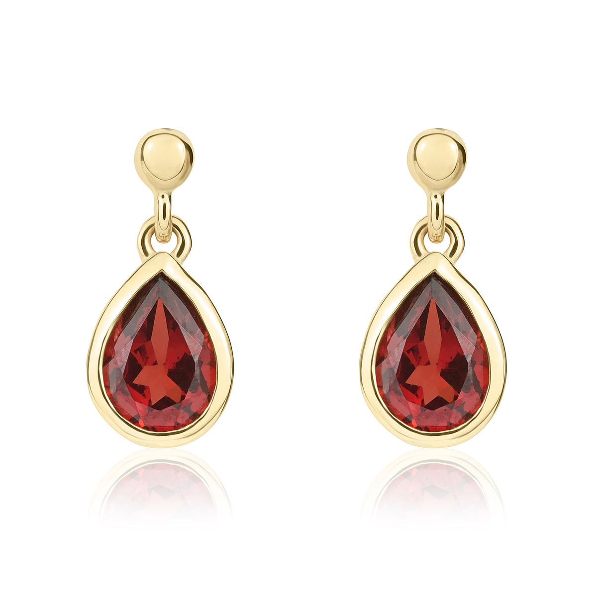9ct Yellow Gold 7x5 Pear Shape Garnet Rubover Drop Earrings with Bead Top