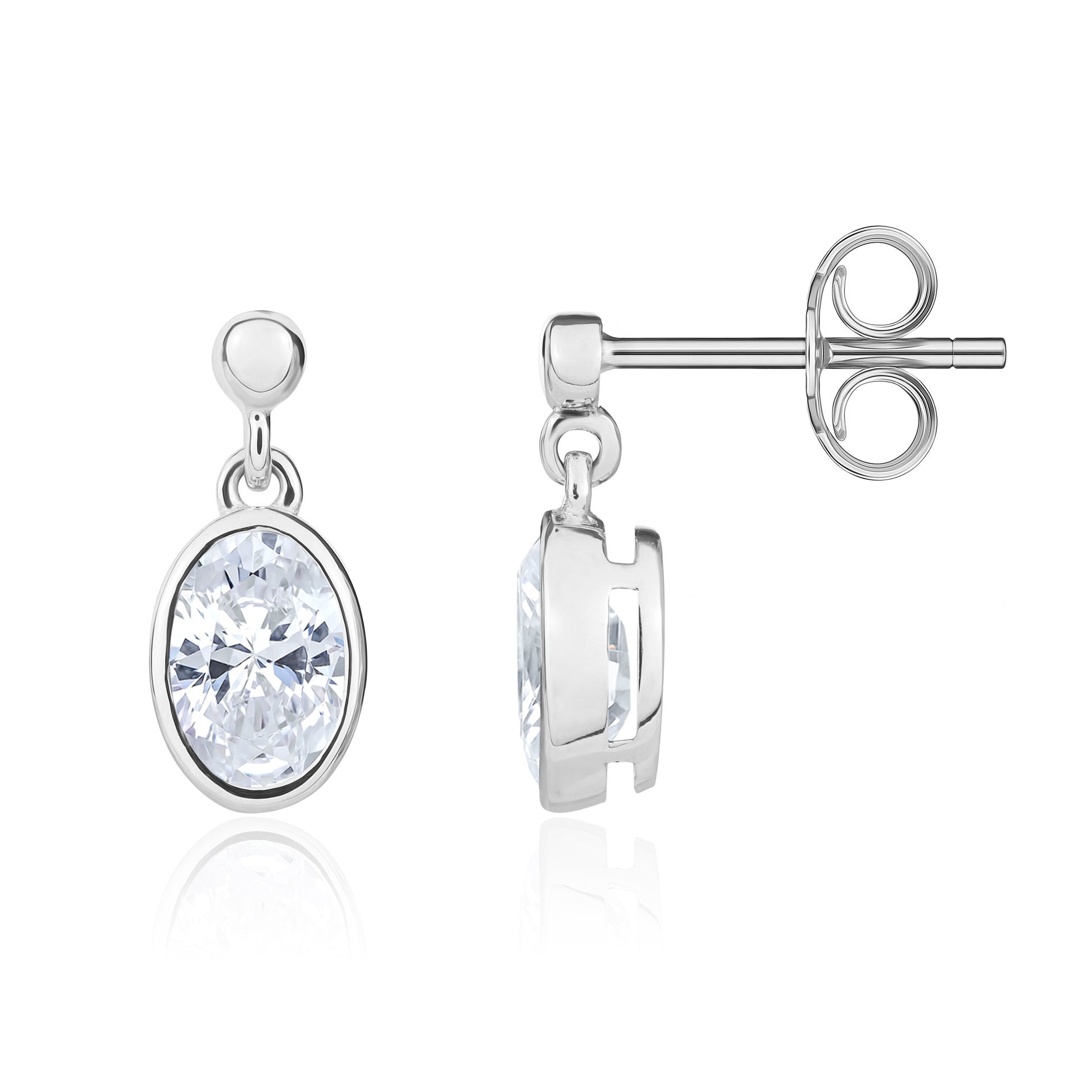 9ct White Gold 7x5mm Oval CZ Rubover Drop Earrings with Bead Top
