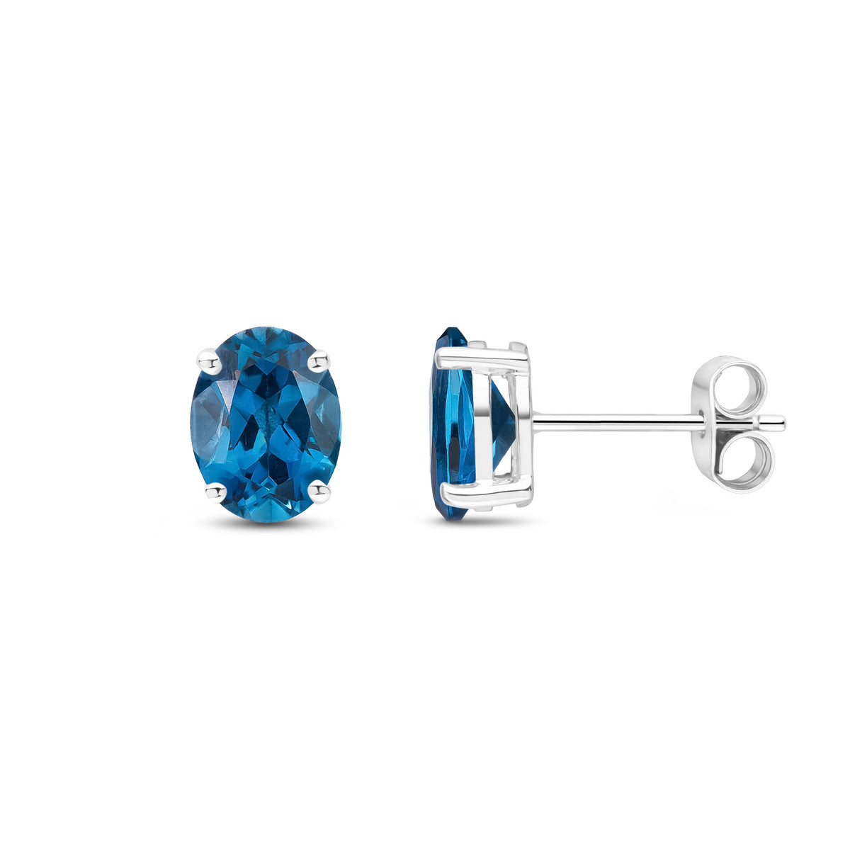 9ct White Gold 8x6 Oval London Blue Topaz Claw Set Earrings