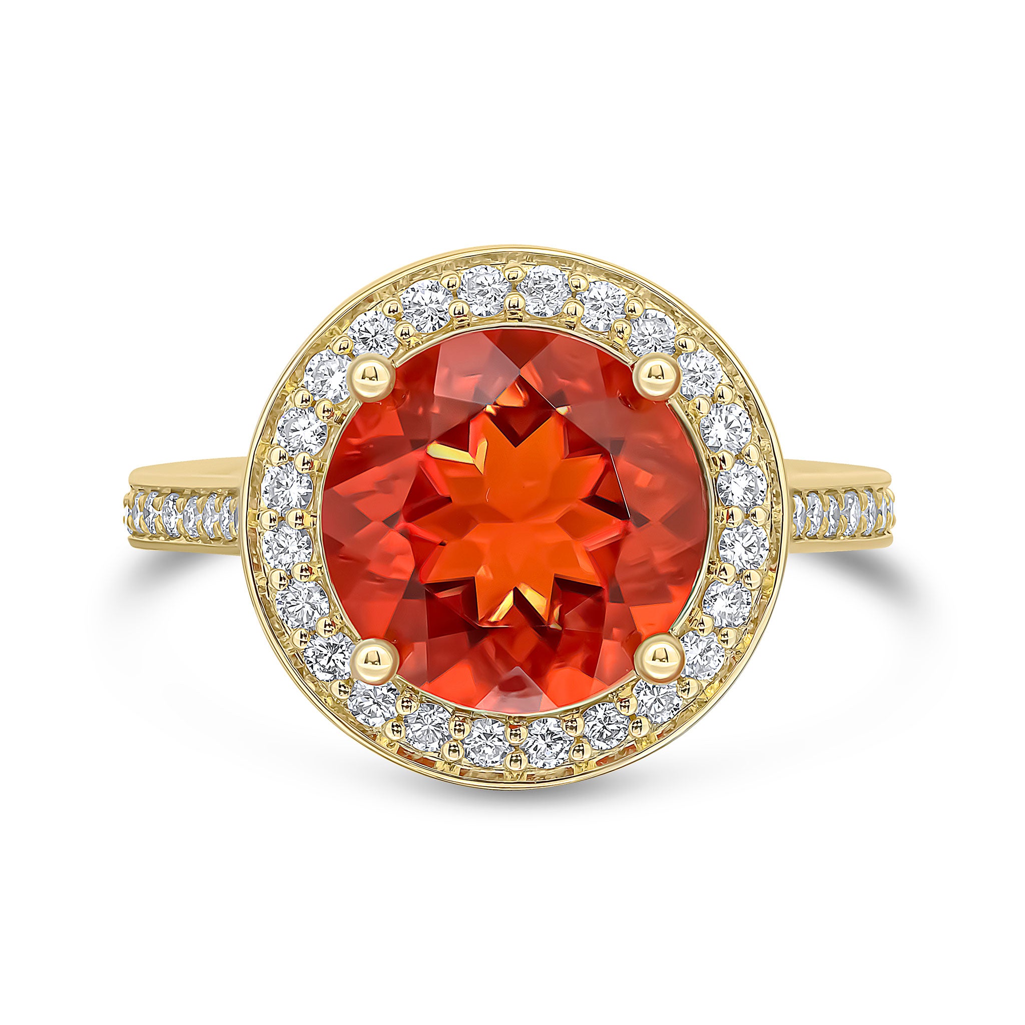 18ct Yellow Gold Round Fire Opal and Diamond Grain Set Cluster Ring with Diamond Shoulders