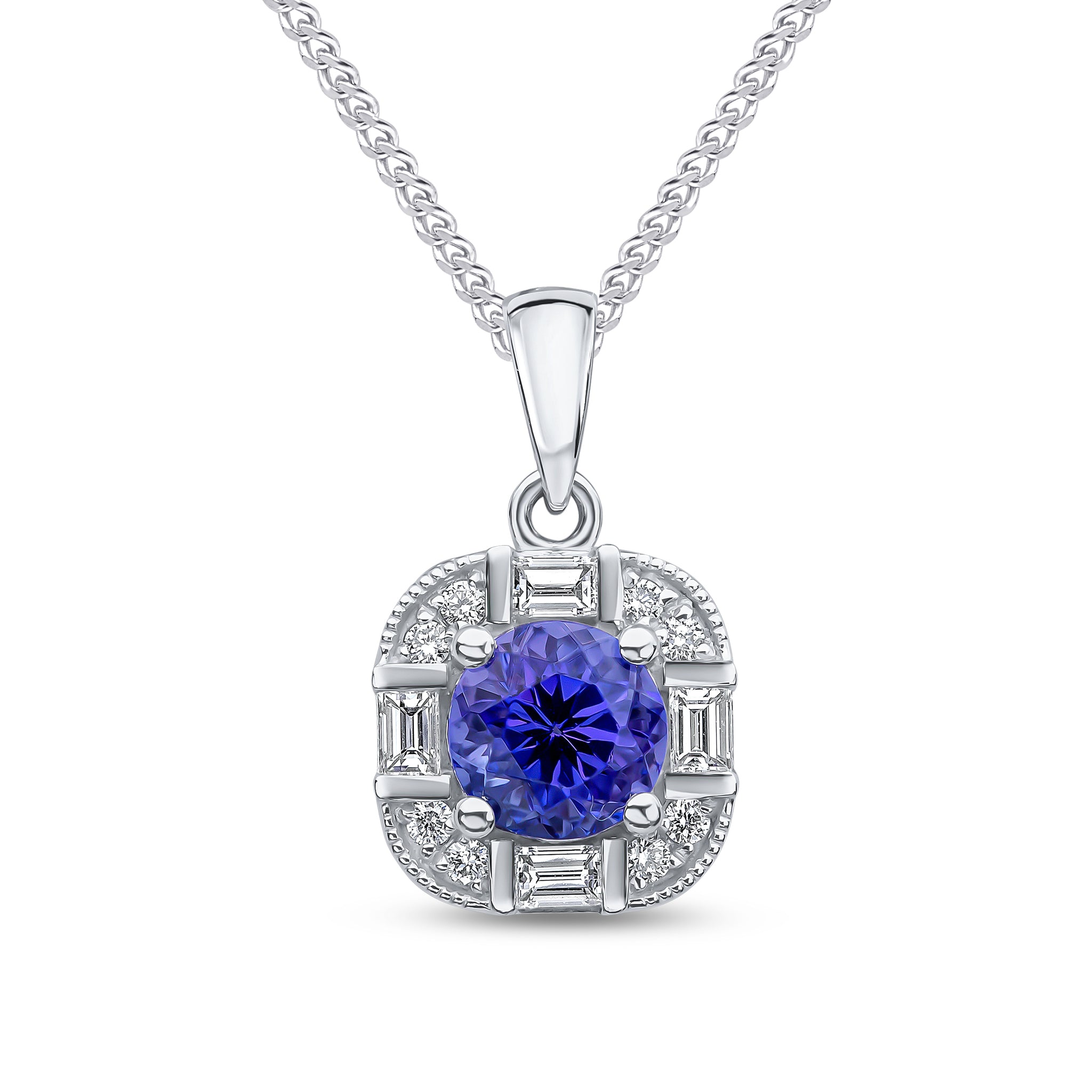 18ct White Gold Round Tanzanite and Round and Baguette Diamond Fancy Cluster Pendant