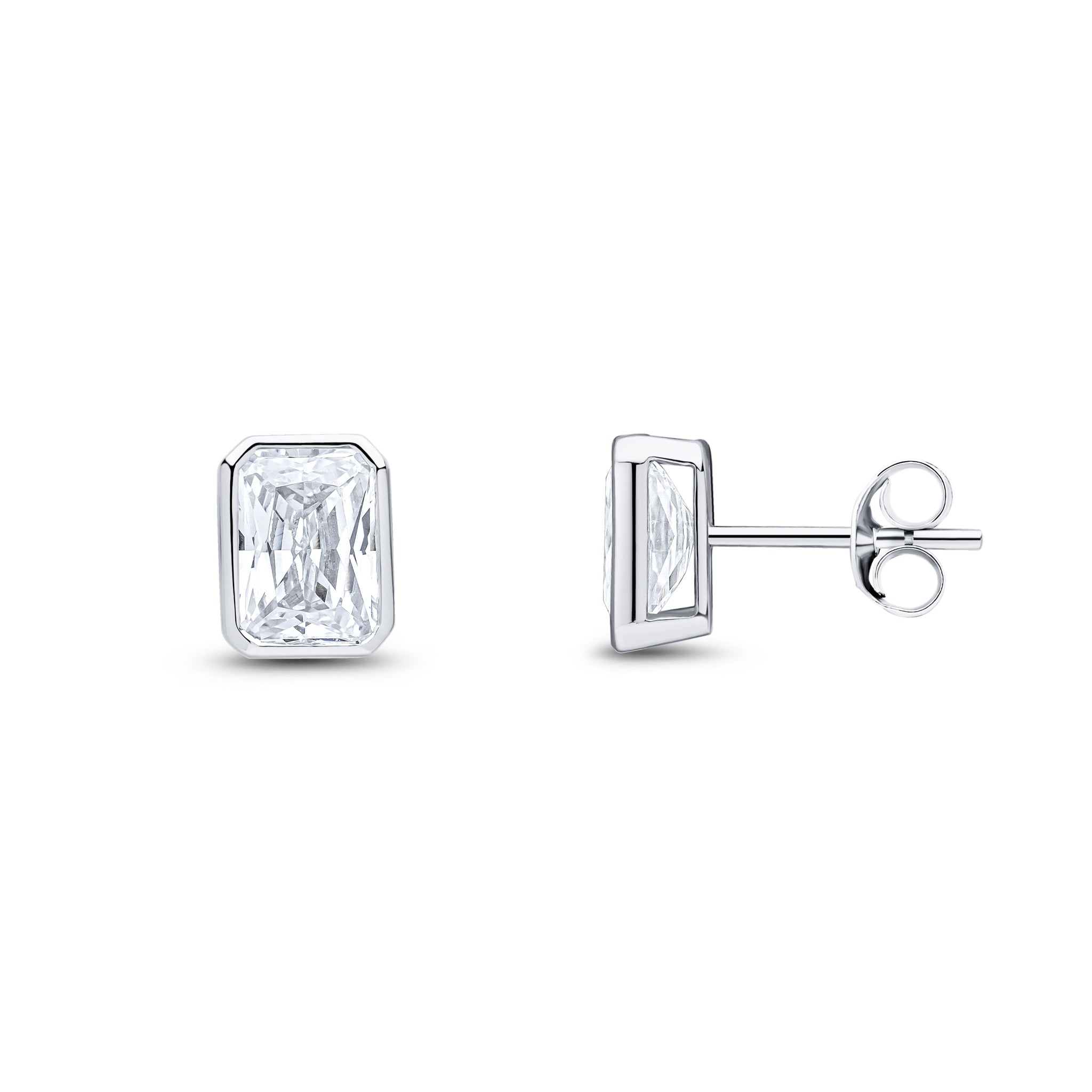 9ct White Gold 7x5 Octagon CZ Rubover Set Earrings