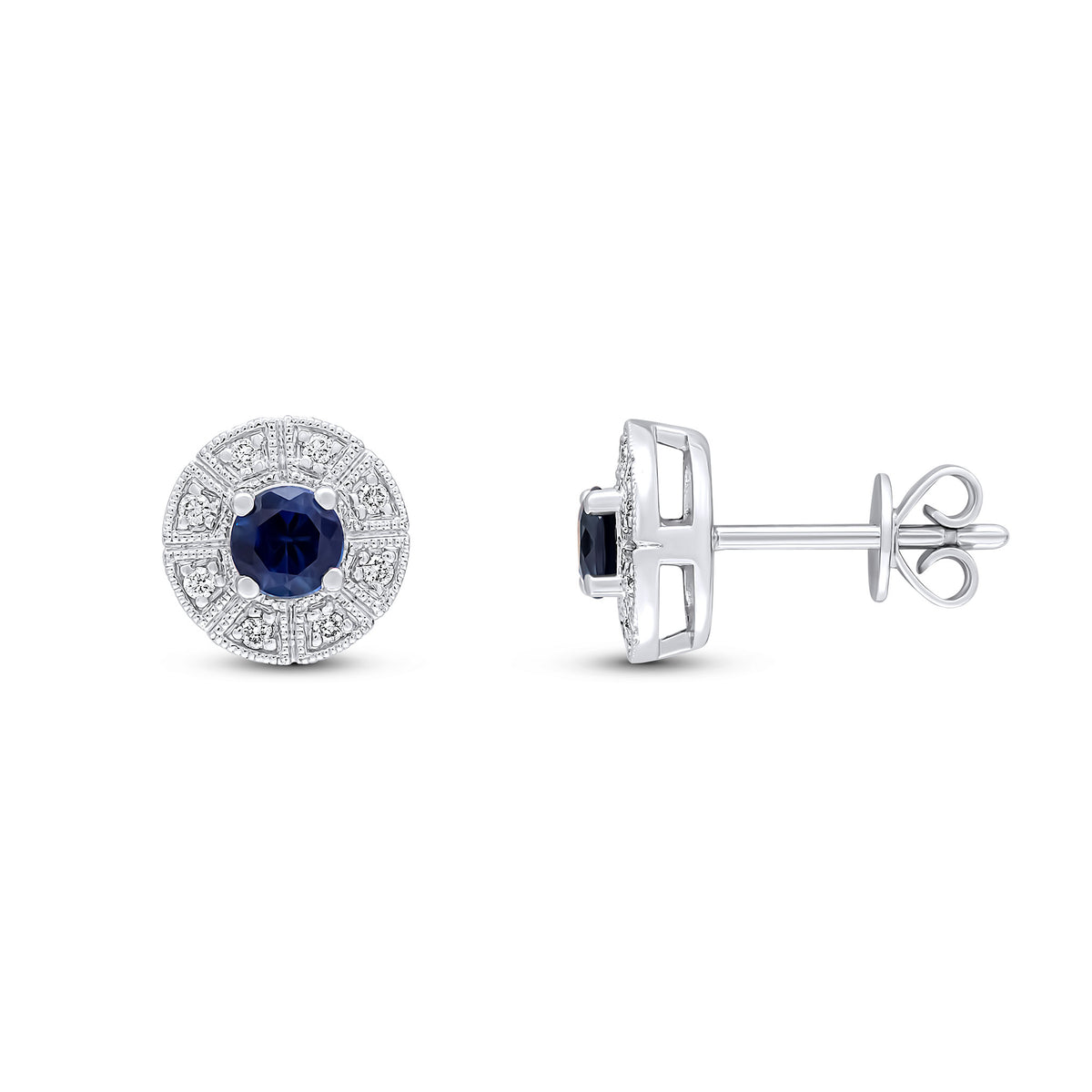 18ct White Gold Round Sapphire and Diamond Fancy Milgrain Cluster Earrings