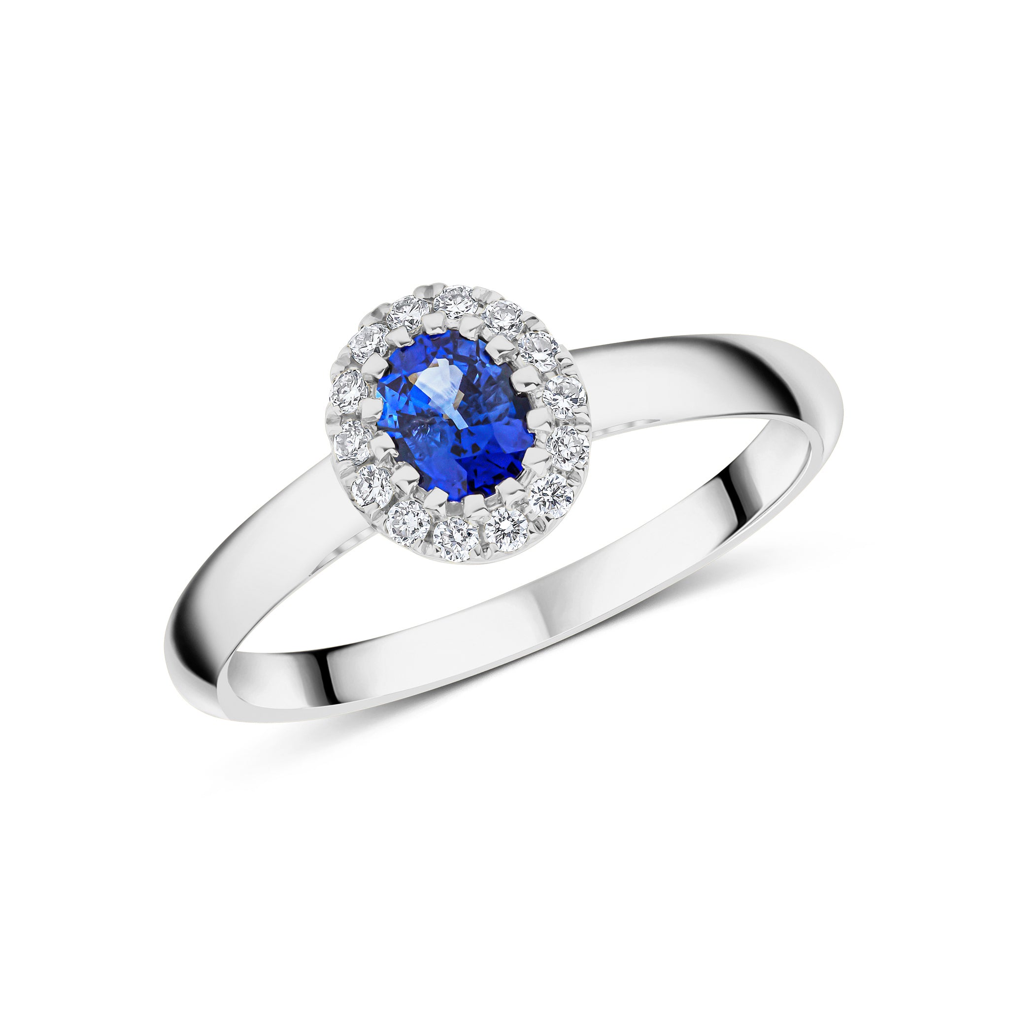 18ct White Gold 5x4 Oval Sapphire & Diamond Claw Cluster Ring
