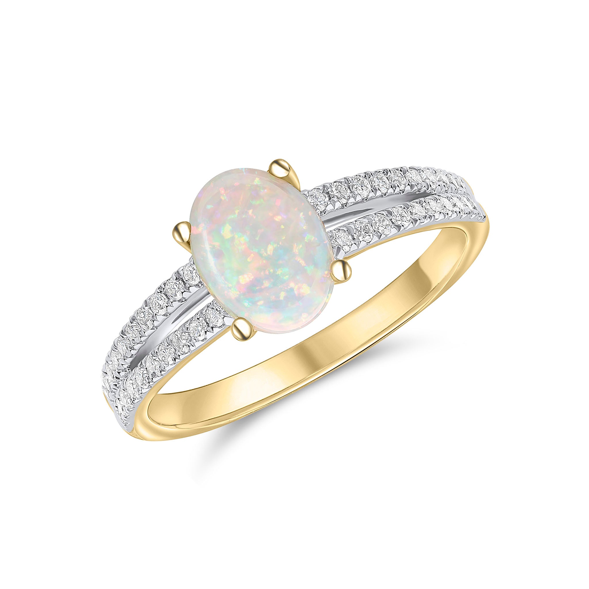 18ct Yellow Gold Claw Set 8x6 Oval Opal Single Stone Ring with Diamond Set Split Shoulders Rhodium to Diamonds