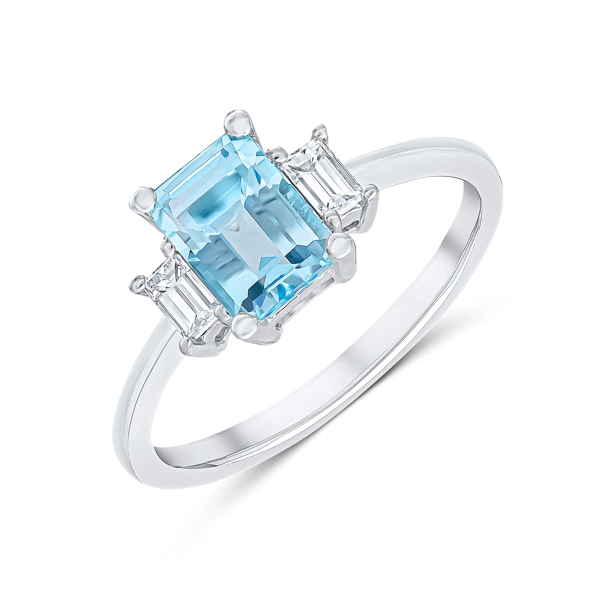 18ct White Gold 7x5 Octagon Aquamarine and Baguette Diamond Claw Set 3 Stone Ring