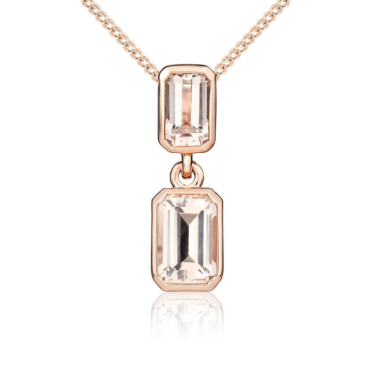 9ct Rose Gold Octagonal Morganite Double Drop Rubover Pendant