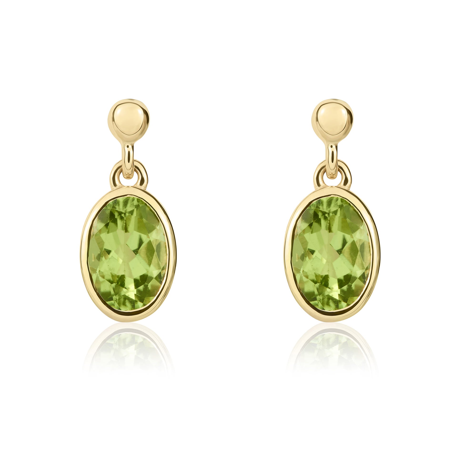 9ct yellow gold 6 x 4 mm oval Peridot rubover Drop Earrings With 2.5mm Bead Top