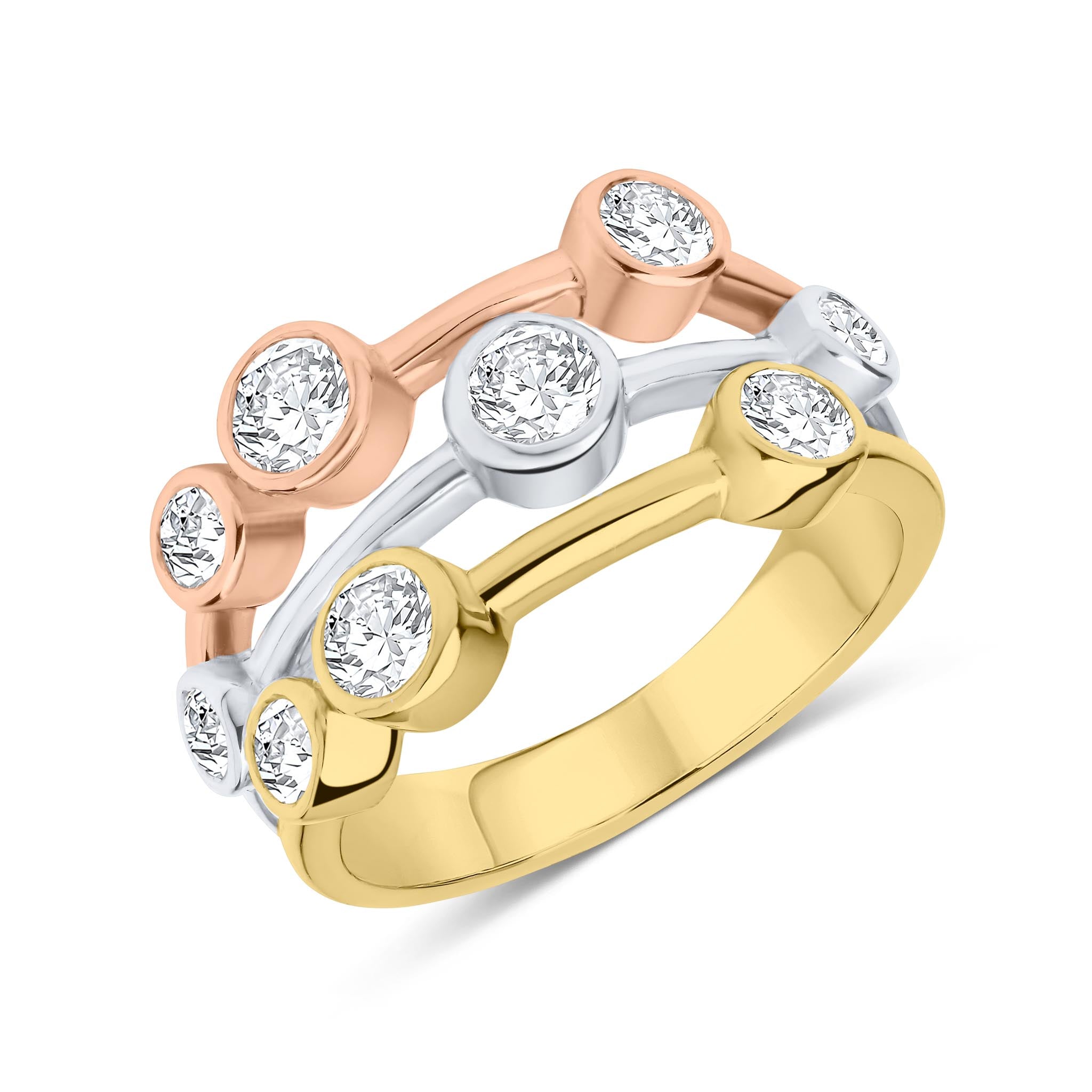 18ct Ywrg Round Diamond 3 Row Bubble Ring 1.50ct