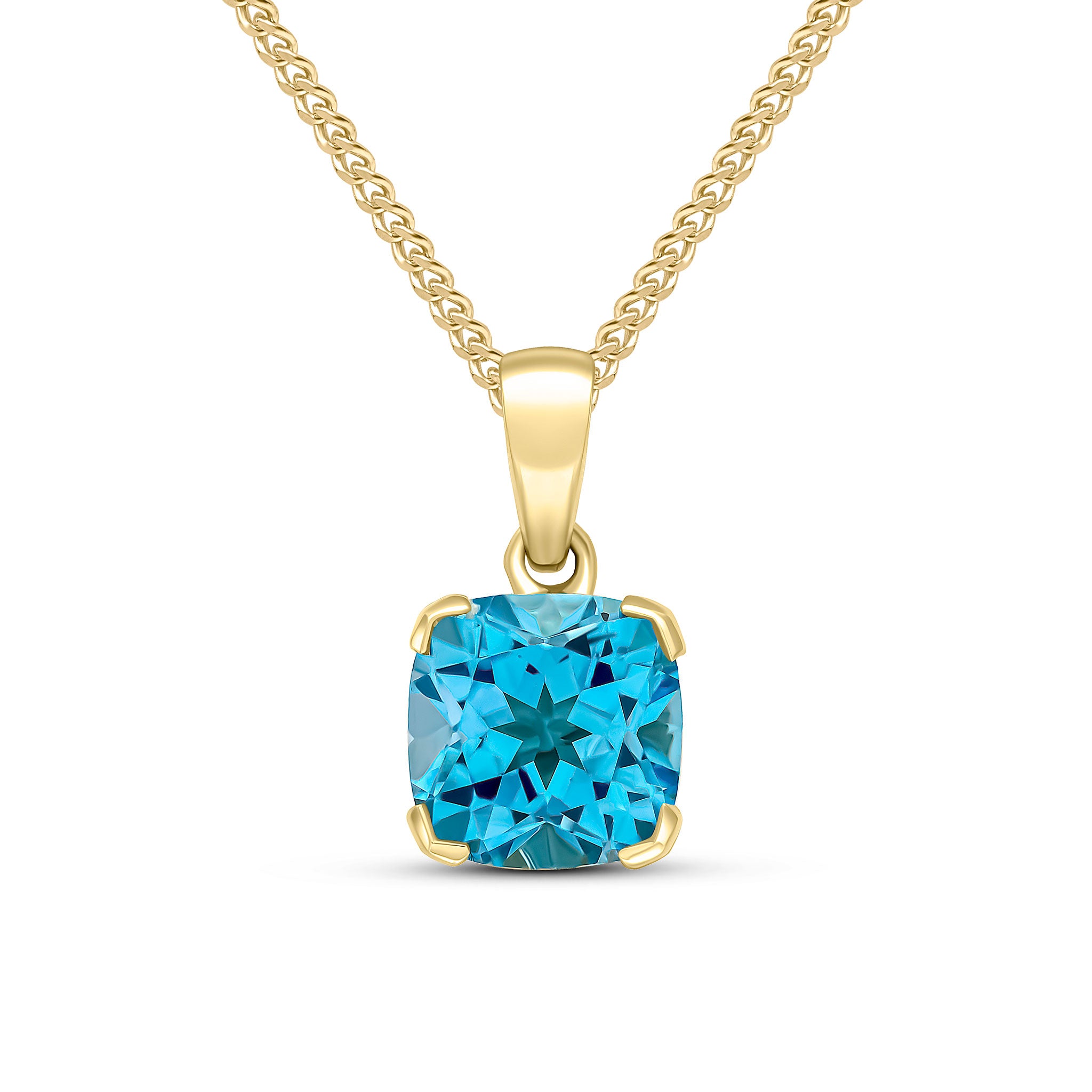 9ct Yellow Gold 8mm Cushion Swiss Blue Topaz Claw Set Pendant