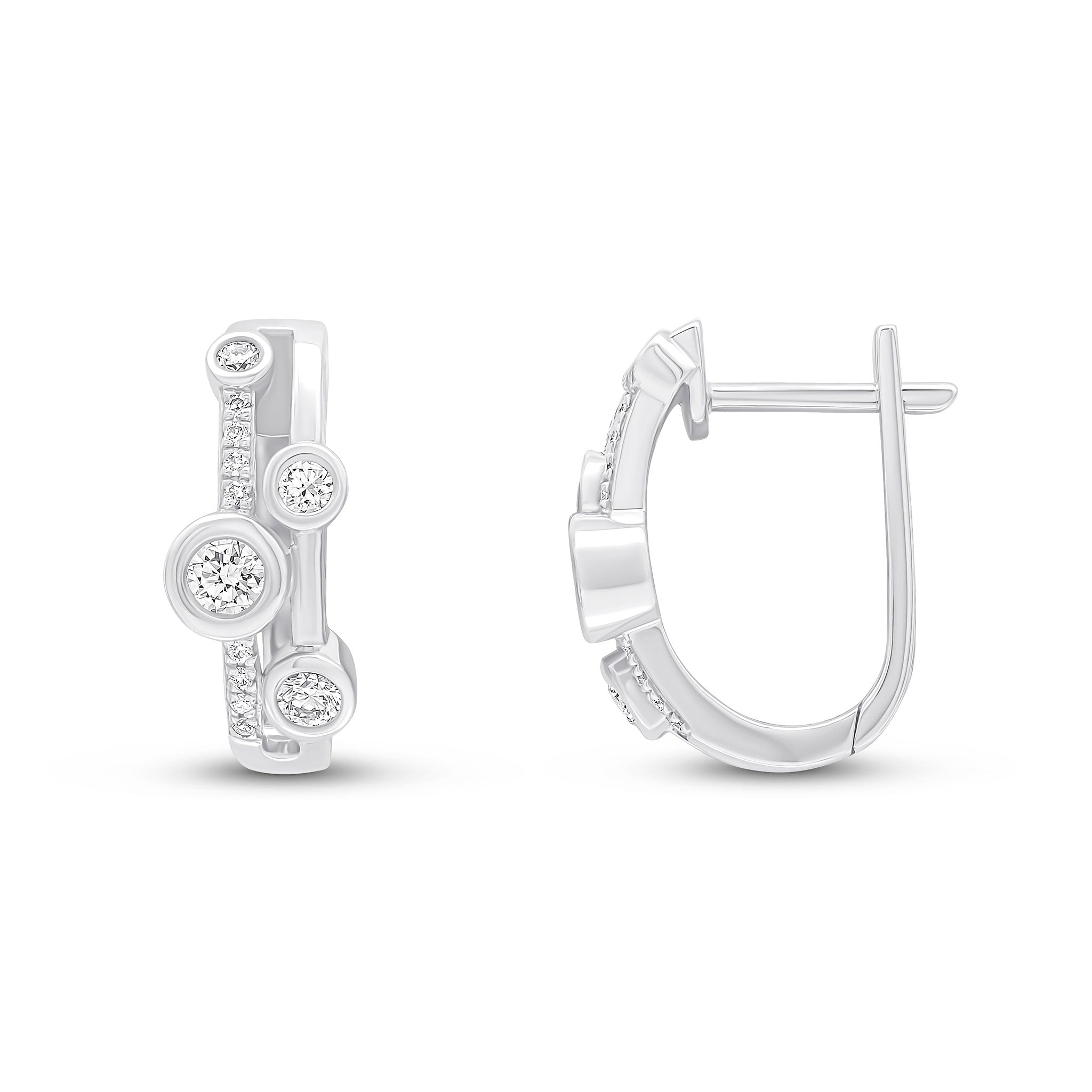 18ct White Gold Round Diamond Rubover and Grain Set 2 Row Hinged Half Hoop Earrings