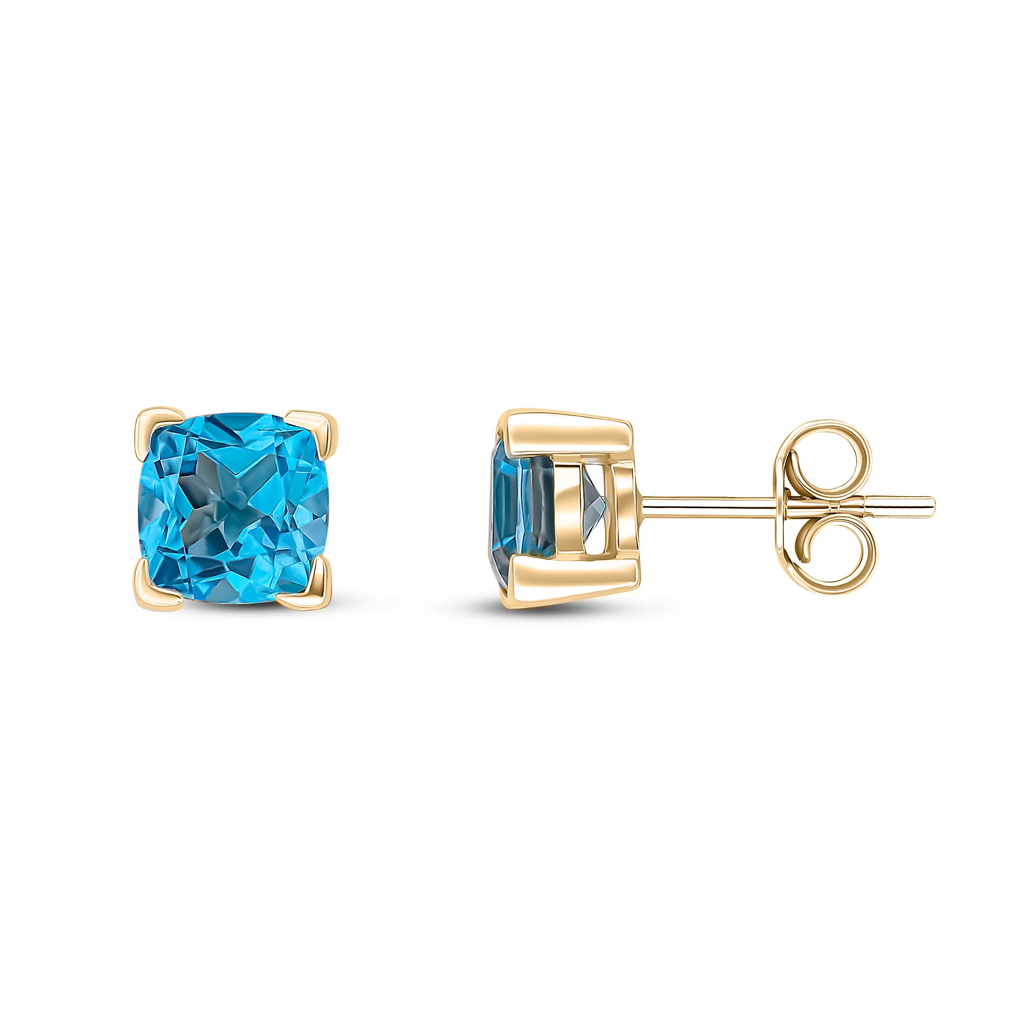 9ct Yellow Gold 6mm Cushion Swiss Blue Topaz Claw Set Earrings