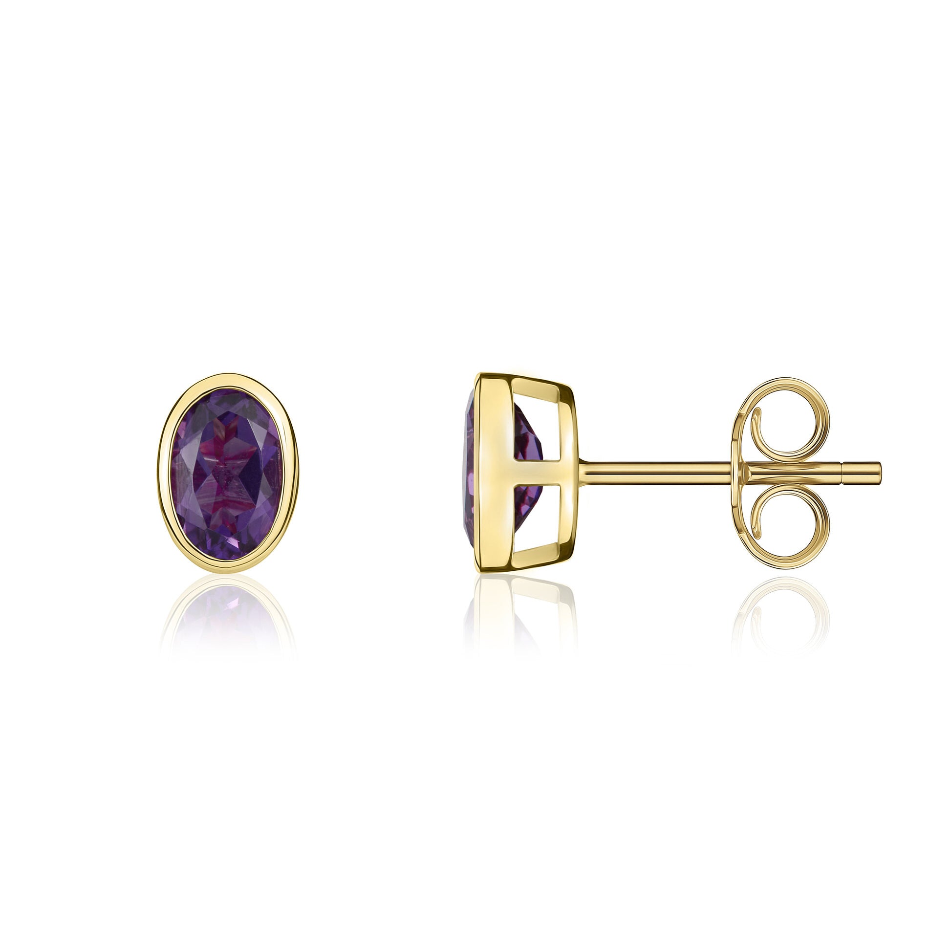 9ct yellow gold 6 x 4 mm Oval Amethyst Rubover Stud Earrings