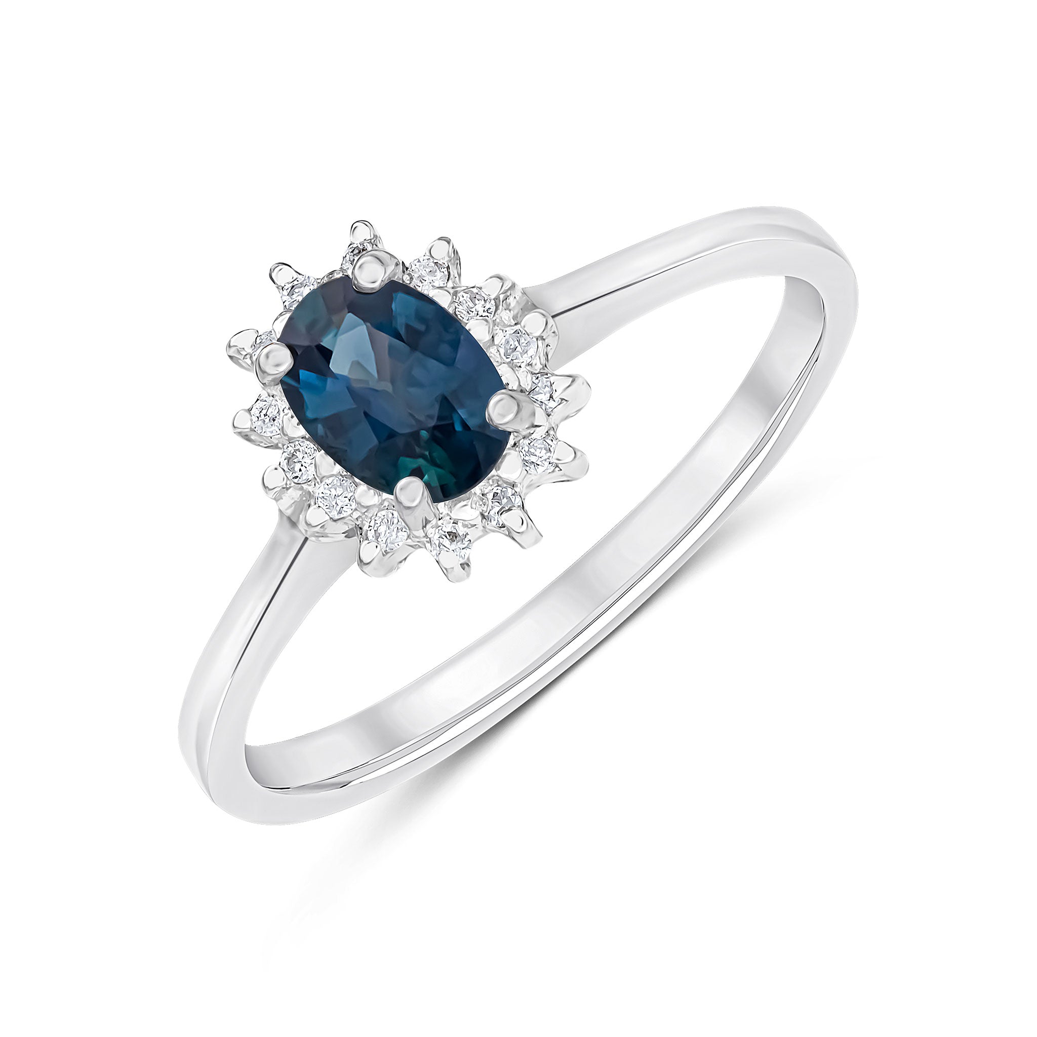 9ct White Gold 6x4 Oval Sapphire & Diamond Claw Set Cluster Ring