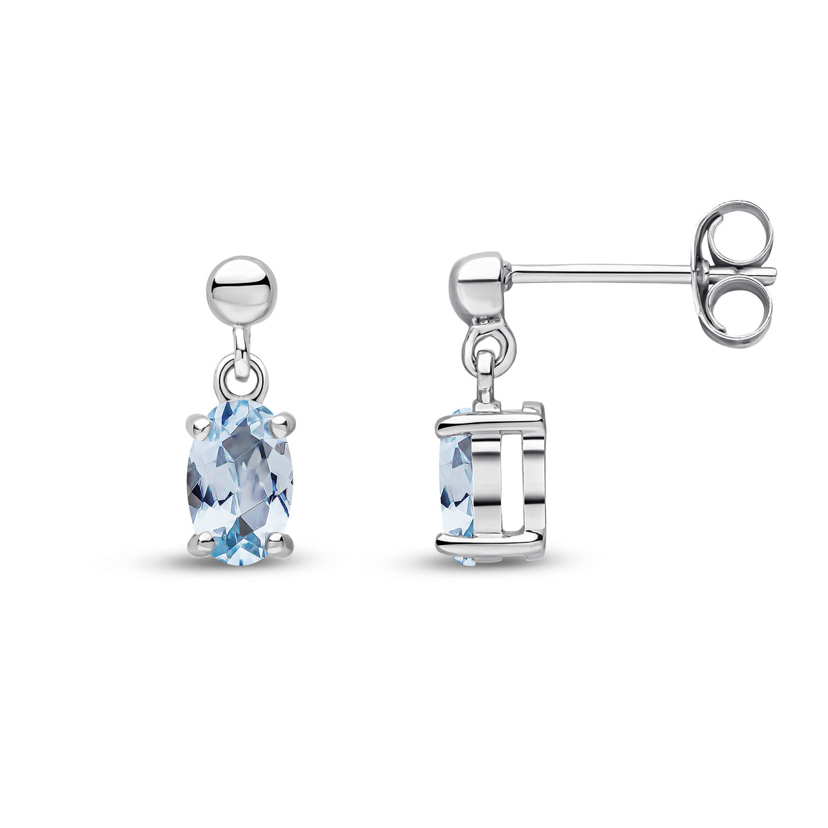 9ct White Gold 6x4 Oval Aquamarine Claw Set Drop Earrings with Bead Top