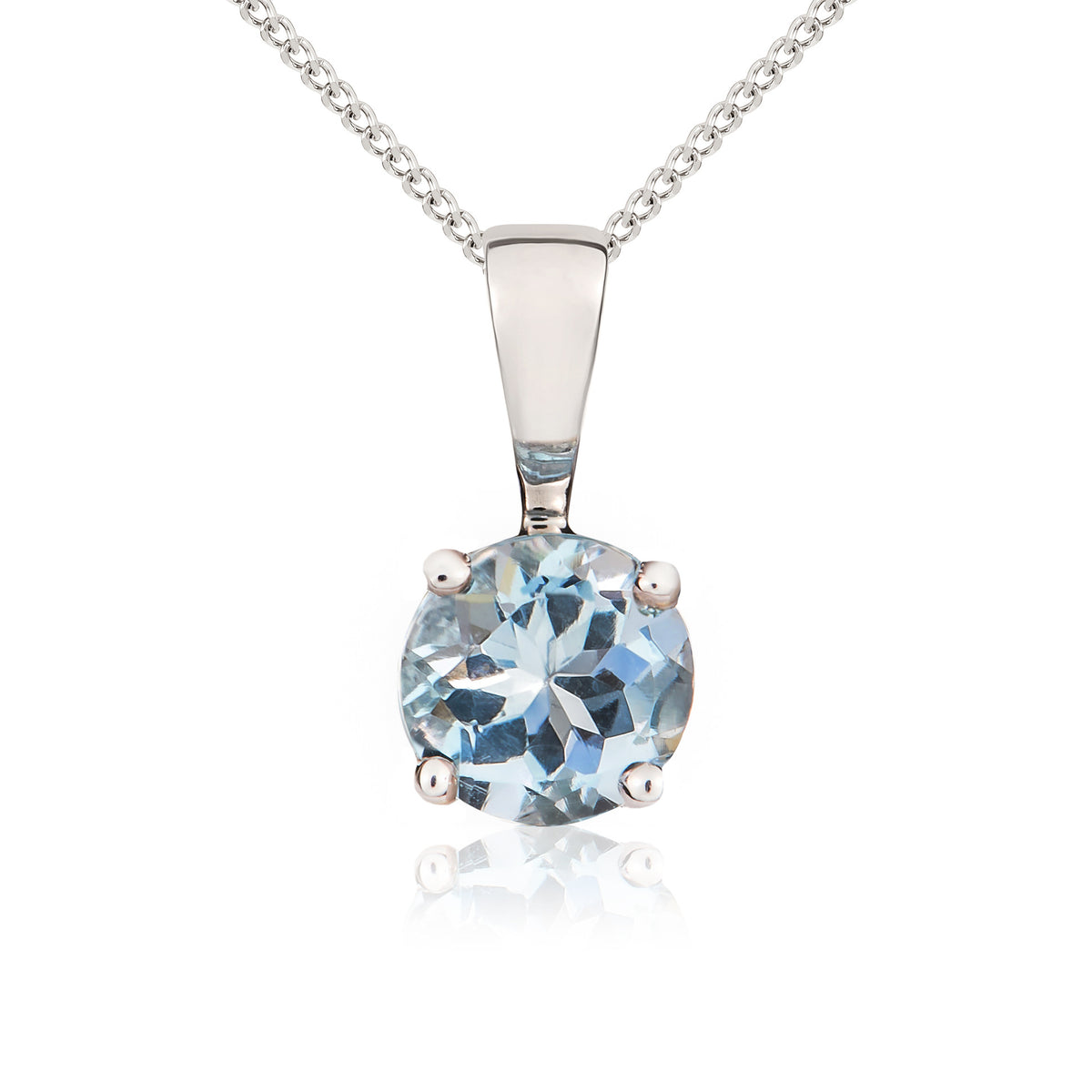 9ct White Gold 5mm Round Aquamarine 4 Claw Single Stone Pendant