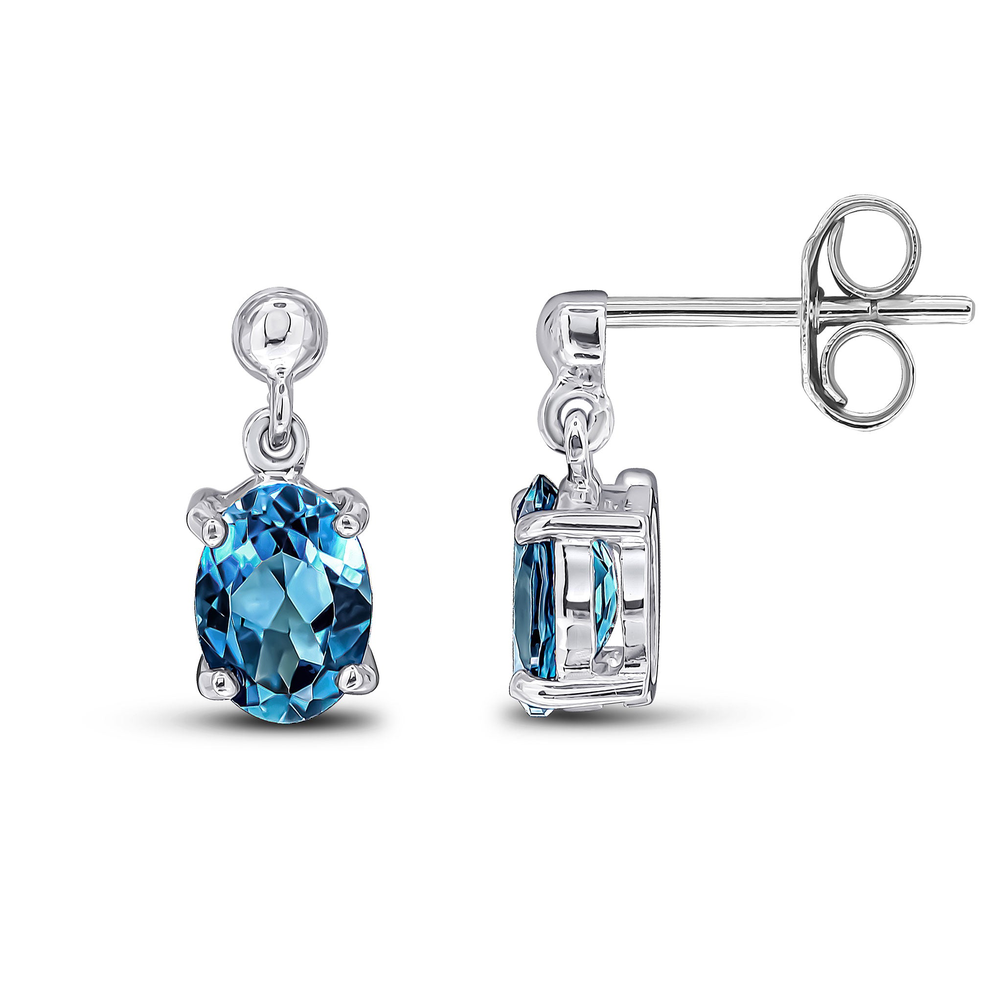 9ct White Gold Oval 7x5mm London Blue Topaz Claw Drop Earrings with Bead Top