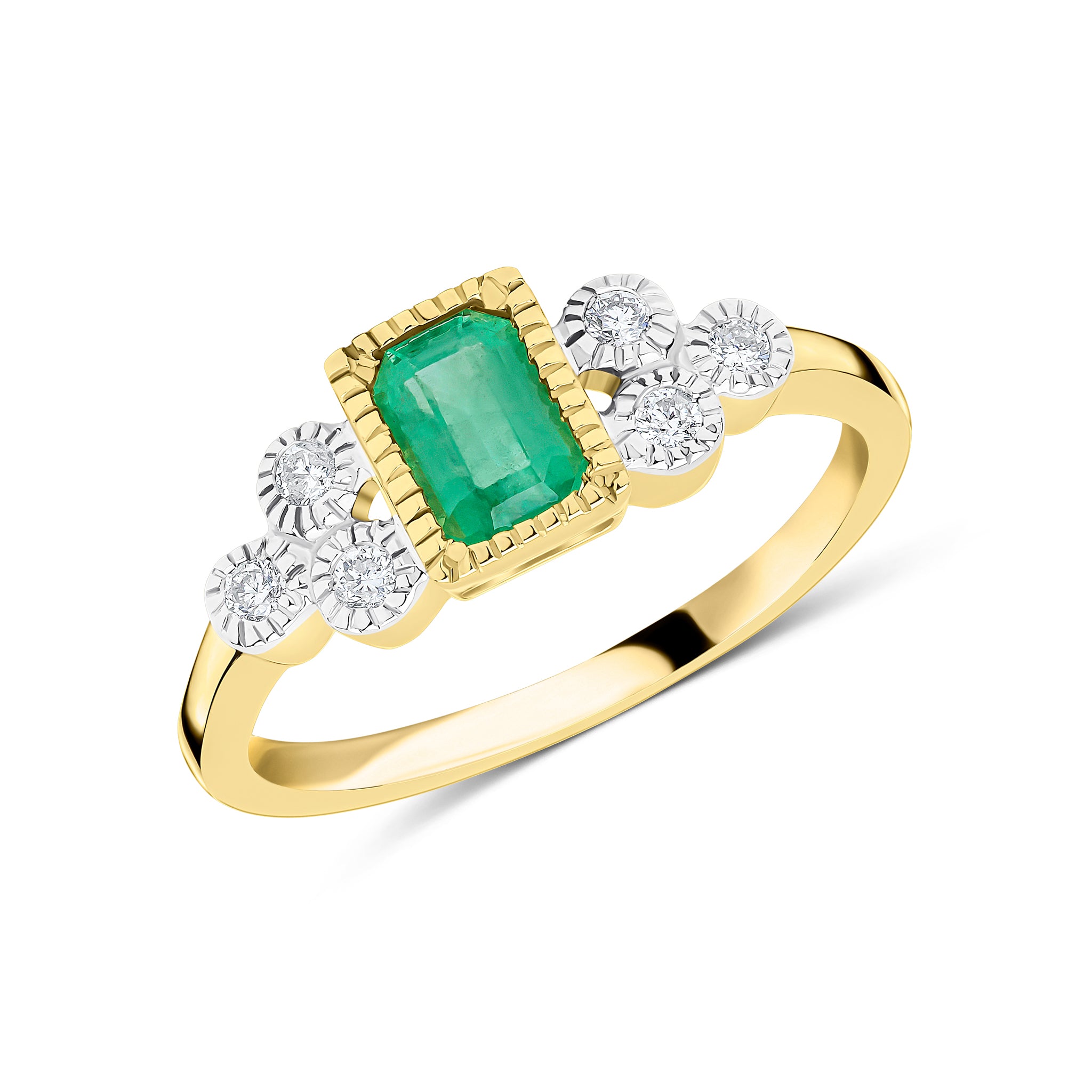 9ct Yellow Gold 6x4 Octagon Emerald and Diamond Trefoil Shoulders Milgrain Set Ring Rhodium to Diamonds