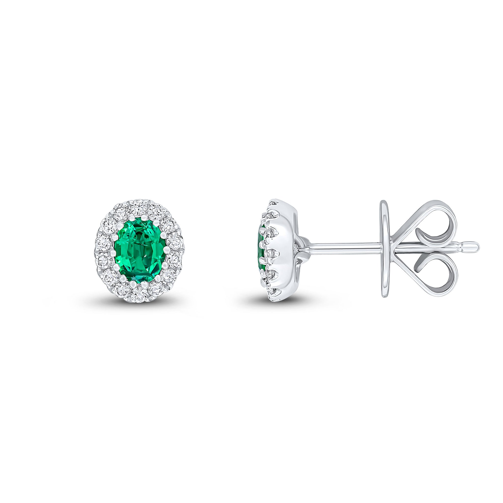 18ct White Gold 4x3 Oval Emerald and Diamond Claw Set Cluster Earrings