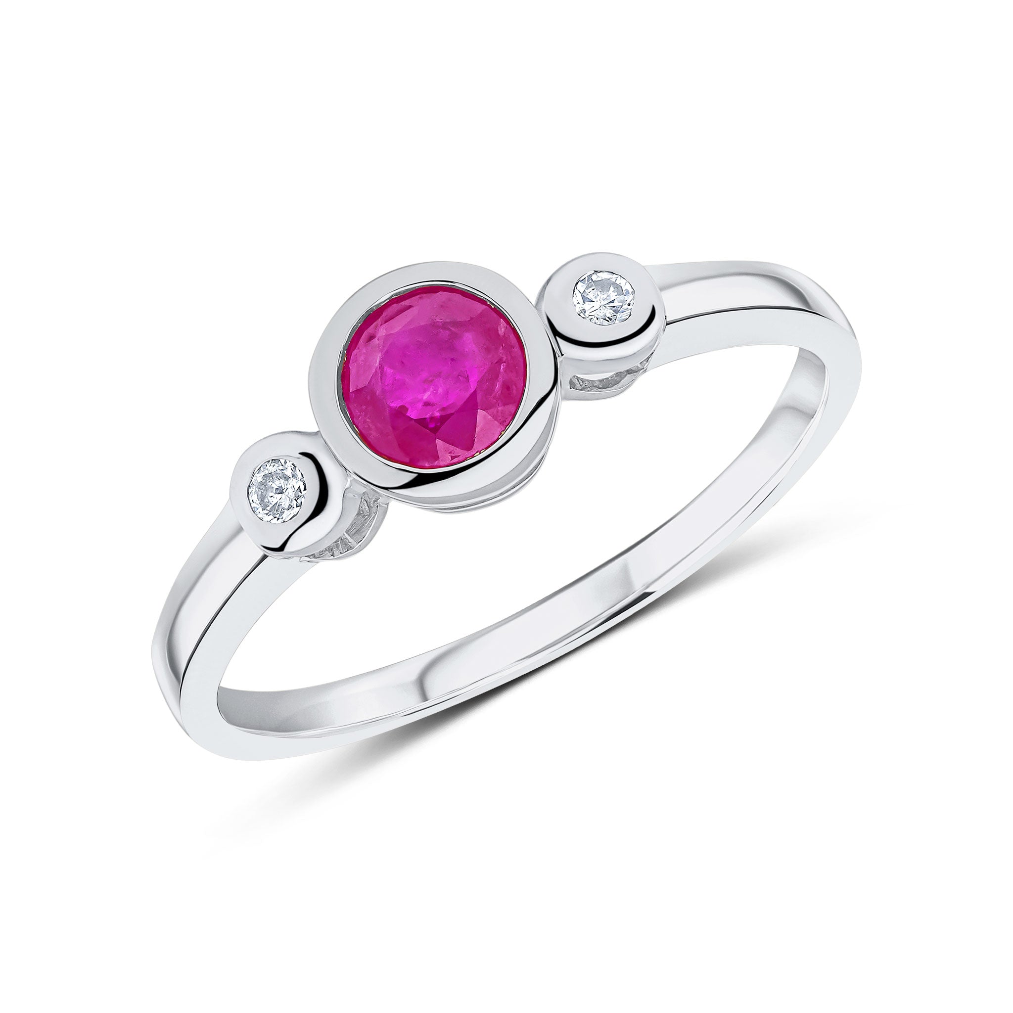 9ct White Gold 5mm Round Ruby and Diamond Rubover 3 Stone Ring