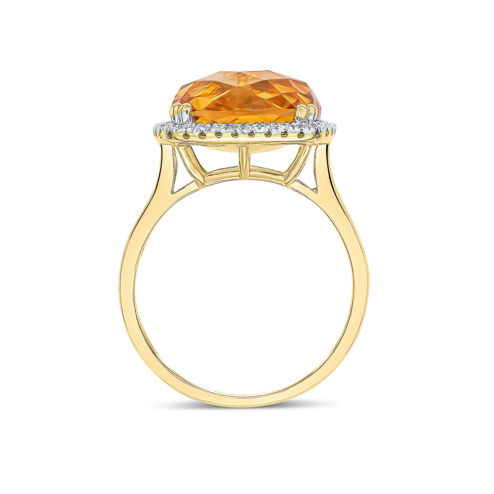 9CT YG 12MM CHECKERBOARD CUT CUSHION CITRINE AND ROUND DIAMOND CLAW SET CLUSTER RING. RHODIUM TO DIAMONDS 1