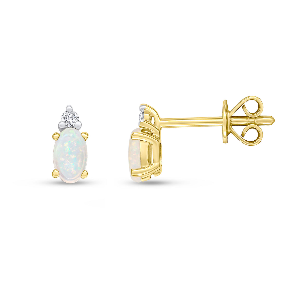 18ct Yellow Gold 5x3 Oval Opal and Round Diamond 2 Stone Claw Set Stud Earrings