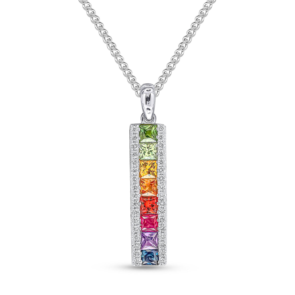 18ct White Gold Square Multi-Sapphire & Round Diamond 3 Row Bar Pendant with Plain Loop Top