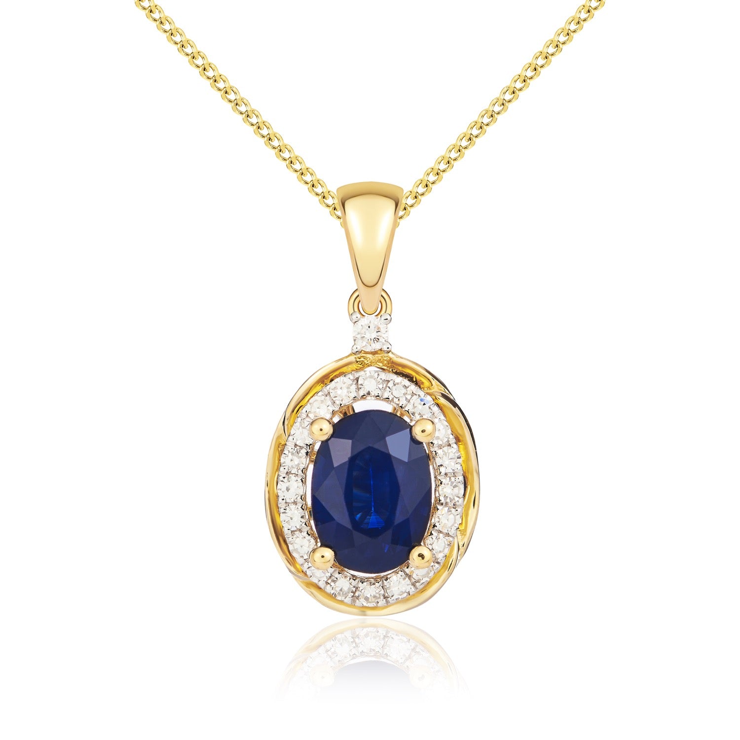 9ct Yellow Gold 7x5 Oval Sapphire & Diamond Cluster Pendant with Rope Edge Rhodium to Diamonds