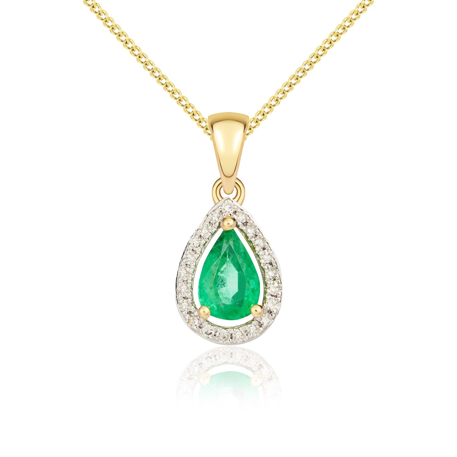 9ct Yellow Gold 6x4 Pear Shape Emerald & Diamond Halo Claw Cluster Pendant Rhdoium to Diamonds