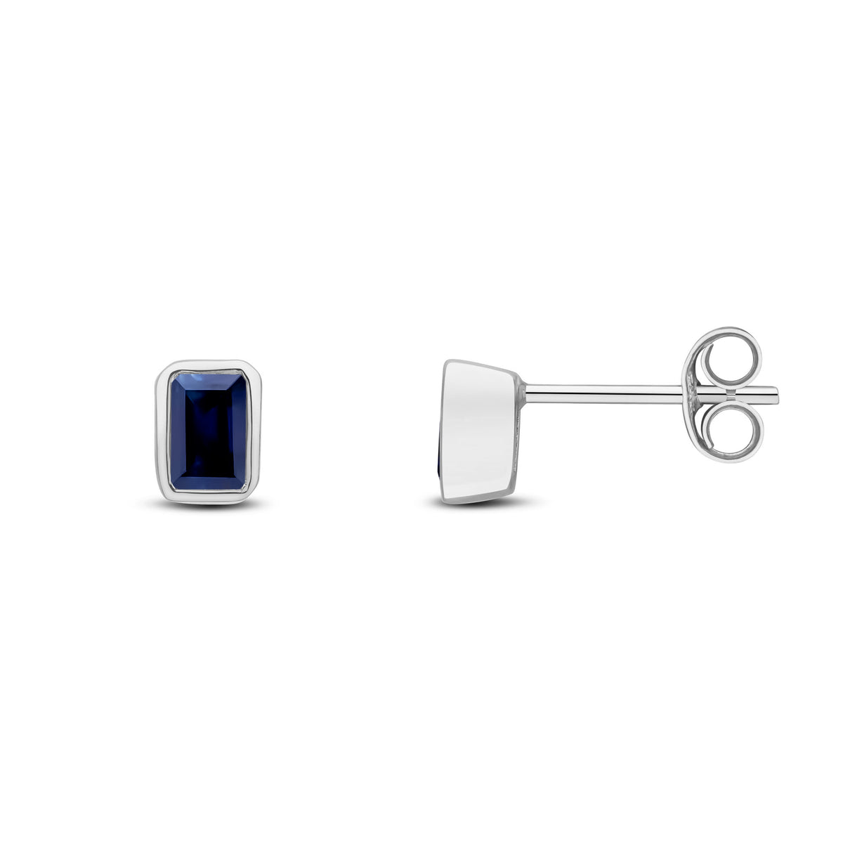 9ct White Gold 5x3 Octagon Sapphire Rubover Set Earrings
