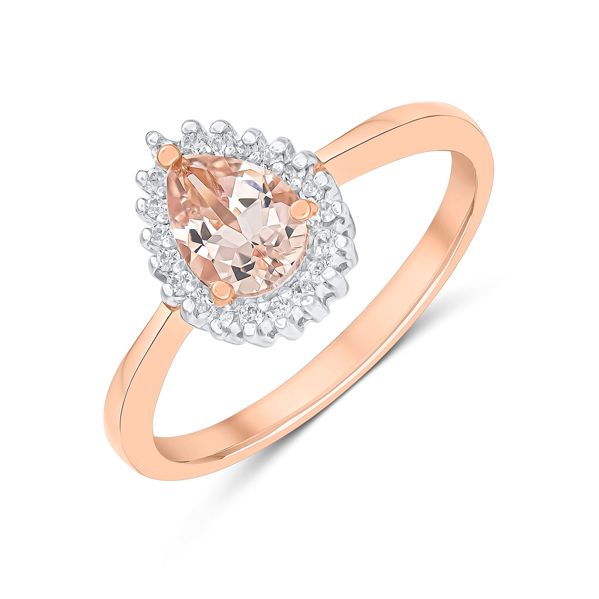 18ct Rose Gold 7x5 Pear Shape Morganite & Diamond Claw Set Cluster Ring Rhodium to Diamonds