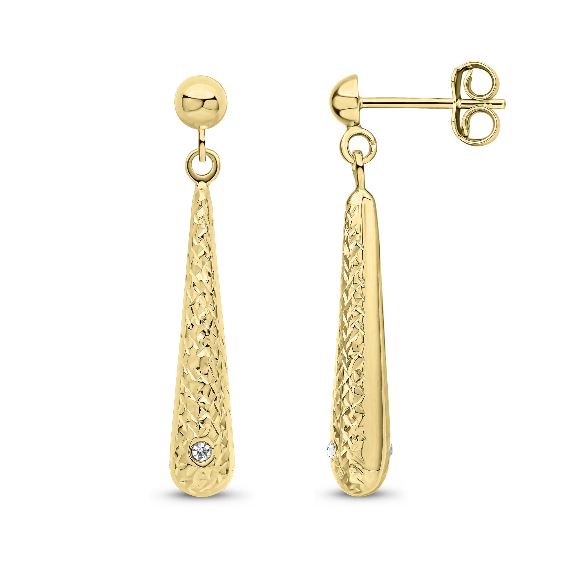 9ct Yellow Gold Diamond Cut Front Torpedo Drop Earrings Set with CZ At Front and Back