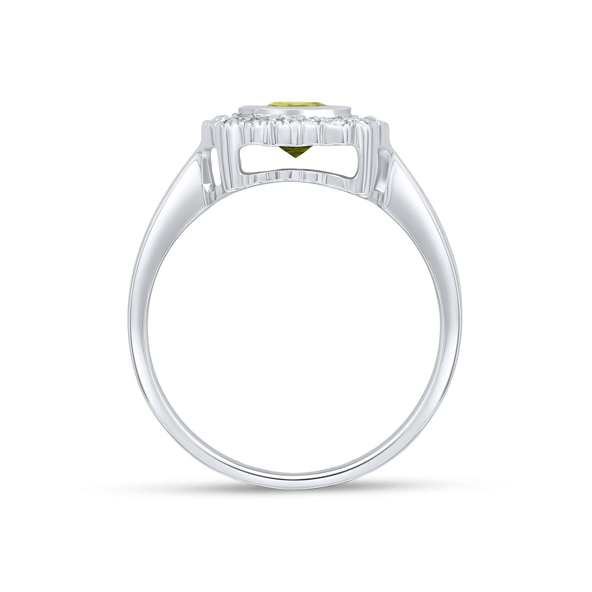 9CT WG RUBOVER 7X5 OCTAGON PERIDOT AND DIAMOND CLUSTER RING WITH MILLEGRAIN EDGE. 1