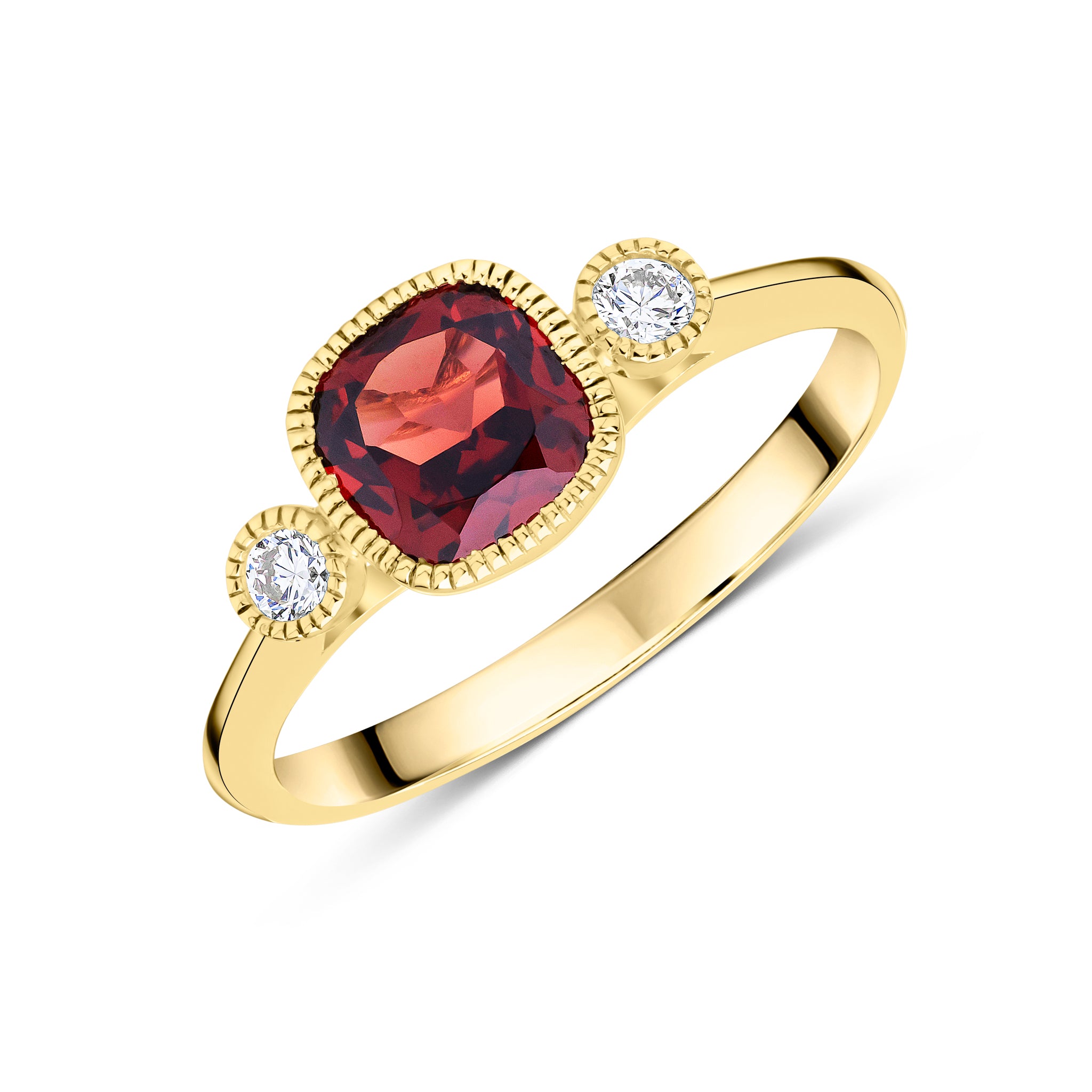 9ct Yellow Gold 6mm Cushion Garnet & Round Diamond Milgrain Set 3 Stone Ring