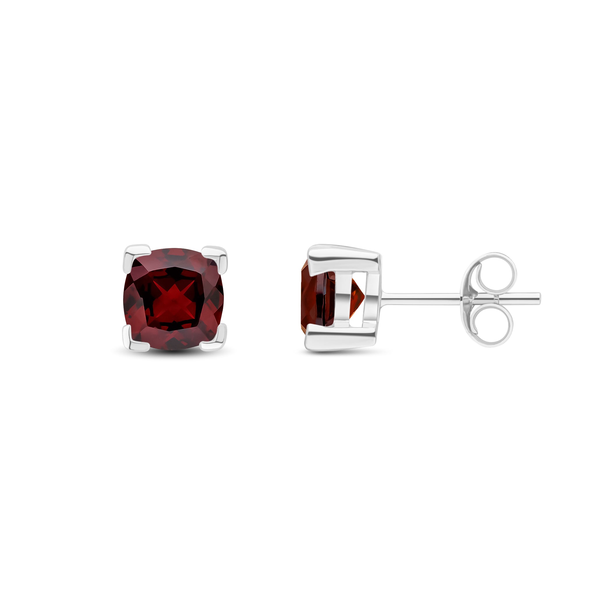 9ct White Gold 6mm Cushion Garnet Claw Set Earrings