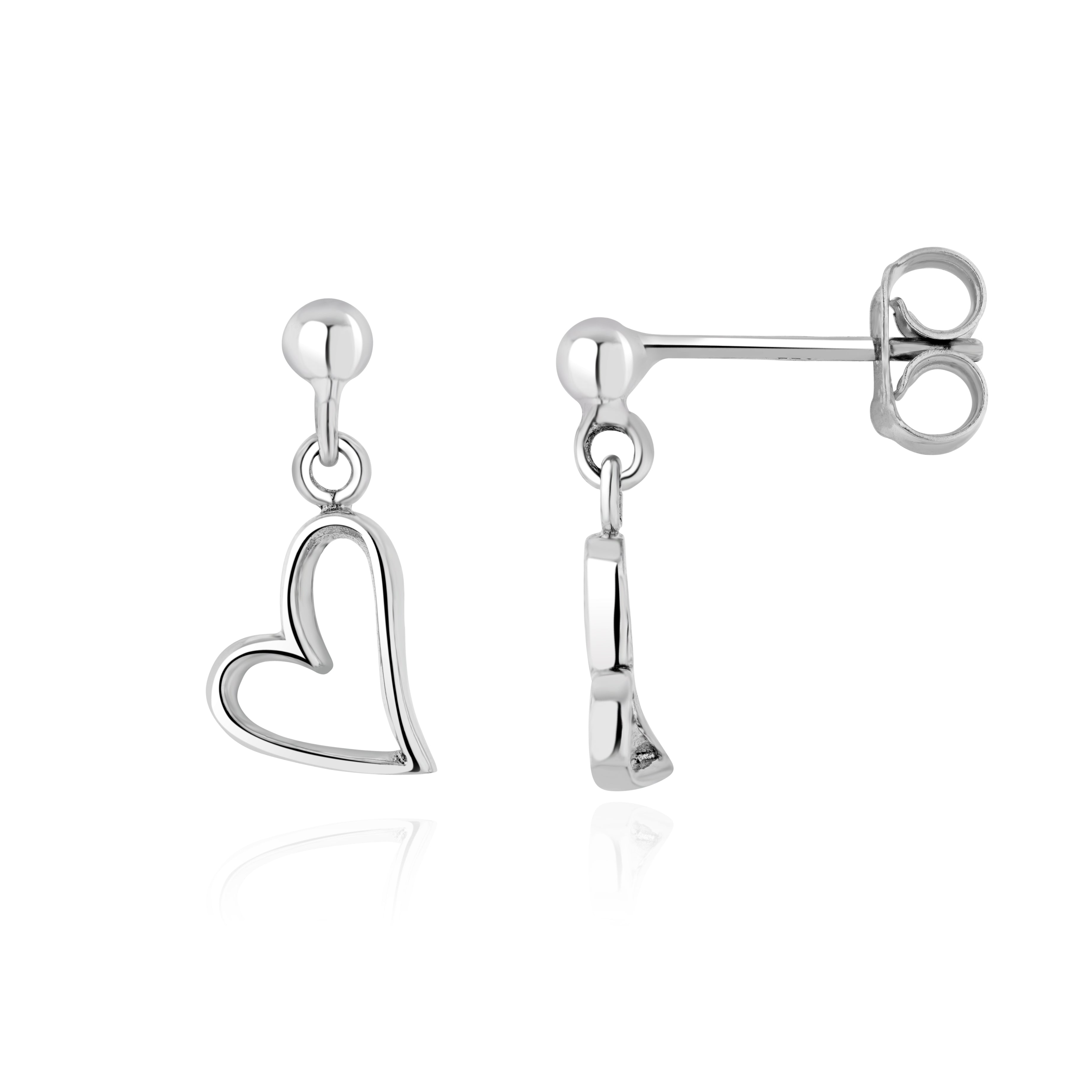 9ct White Gold Open Heart Drop Earrings With Ball Stud Tops