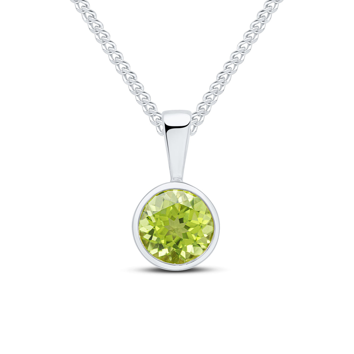 9ct White Gold 6mm Round Peridot Rubover Pendant