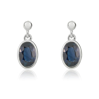 9ct white gold 6 x 4mm Oval Sapphire Rubover Drop Earrings With 2.5mm Bead Top