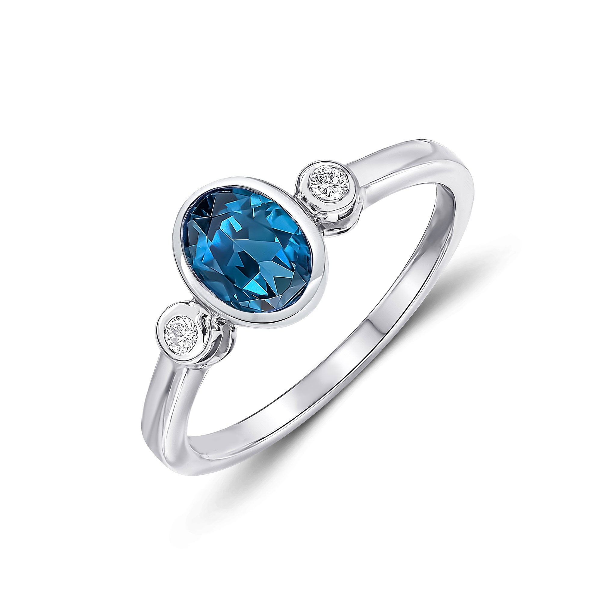 9CT WG 7X5 OVAL LONDON BLUE TOPAZ AND ROUND DIAMOND 3ST RUBOVER RING 1