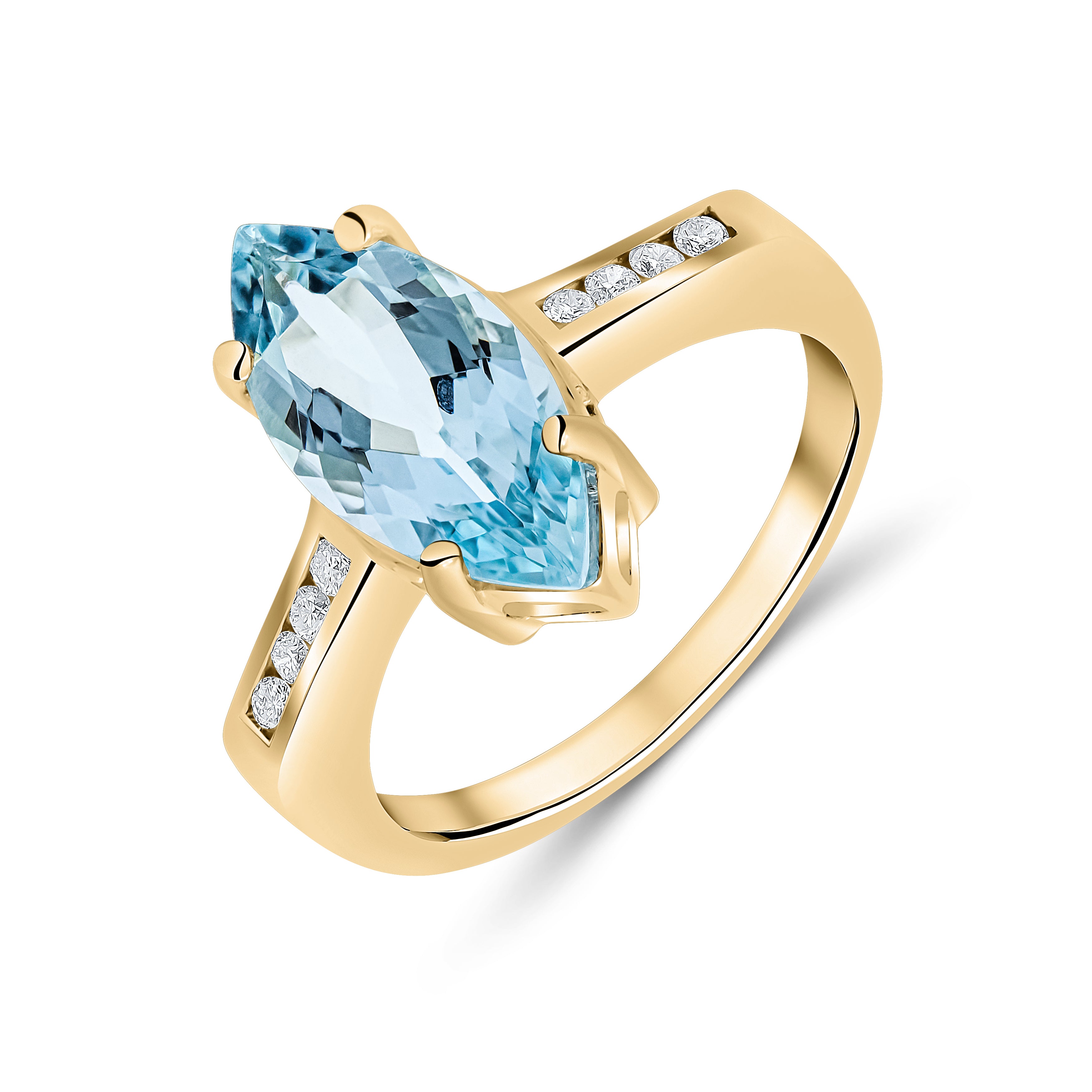 9ct Yellow Gold 15x7 Marquise Aquamarine Single Stone Ring with Channel Set Diamond Shoulders