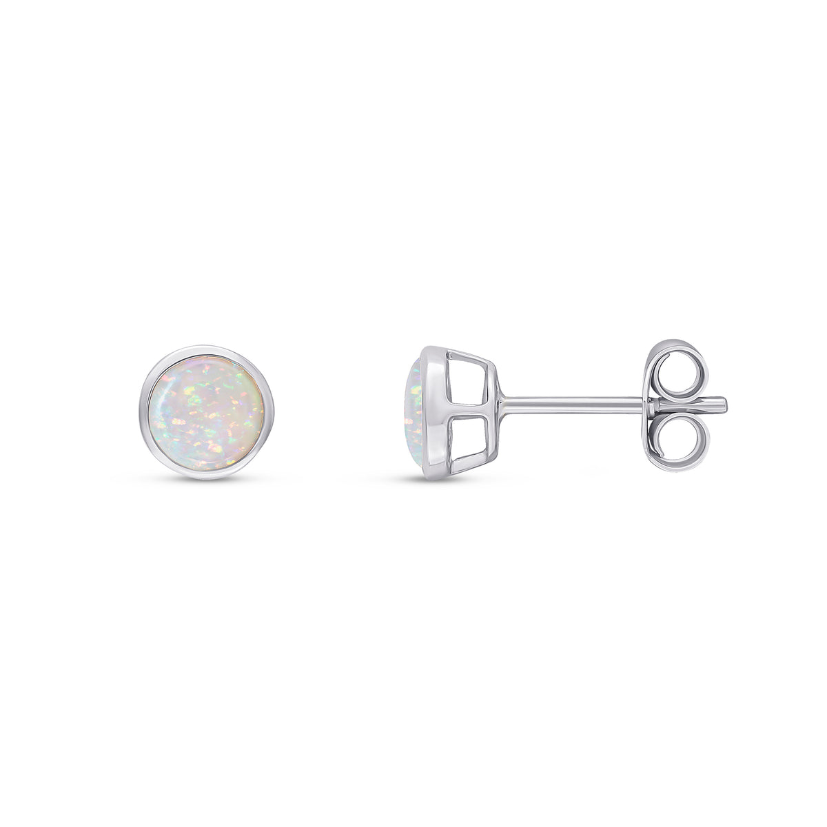 9ct White Gold 5mm Round Opal Rubover Stud Earrings