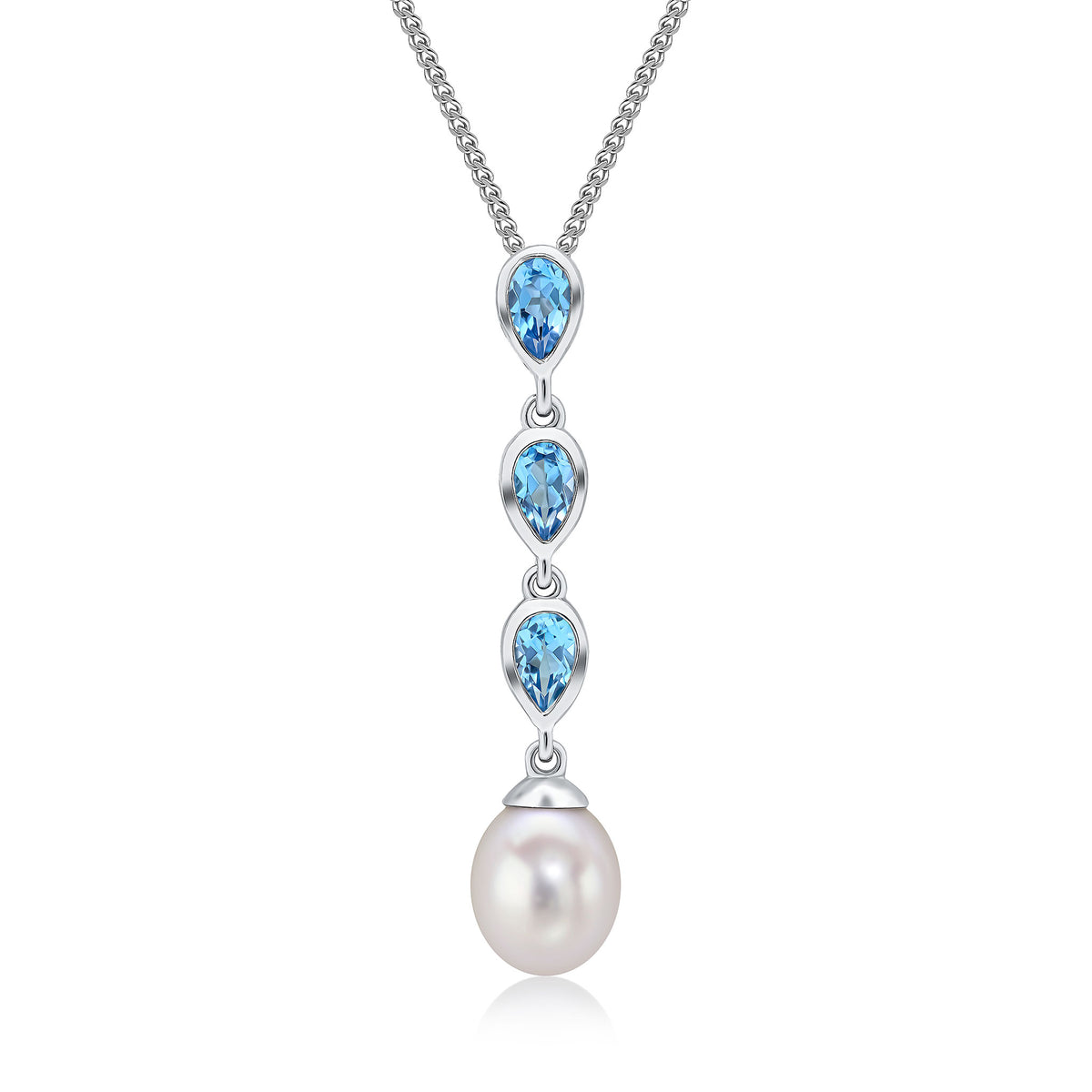 9ct White Gold Pearl & Triple Pear Shape Swiss Blue Topaz Drop Pendant