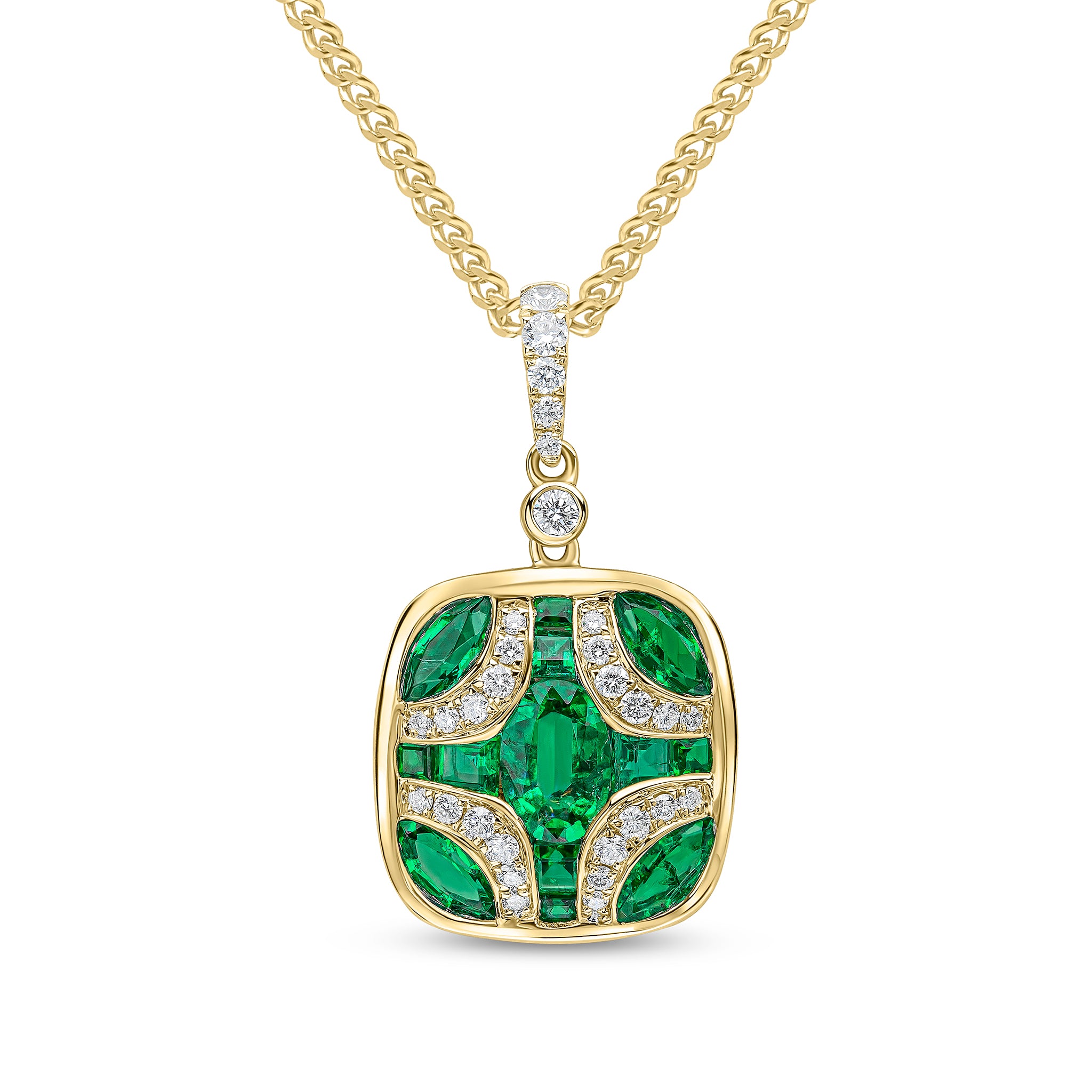 18ct Yellow Gold Emerald & Diamond Shield Pendant with Diamond Set Loop