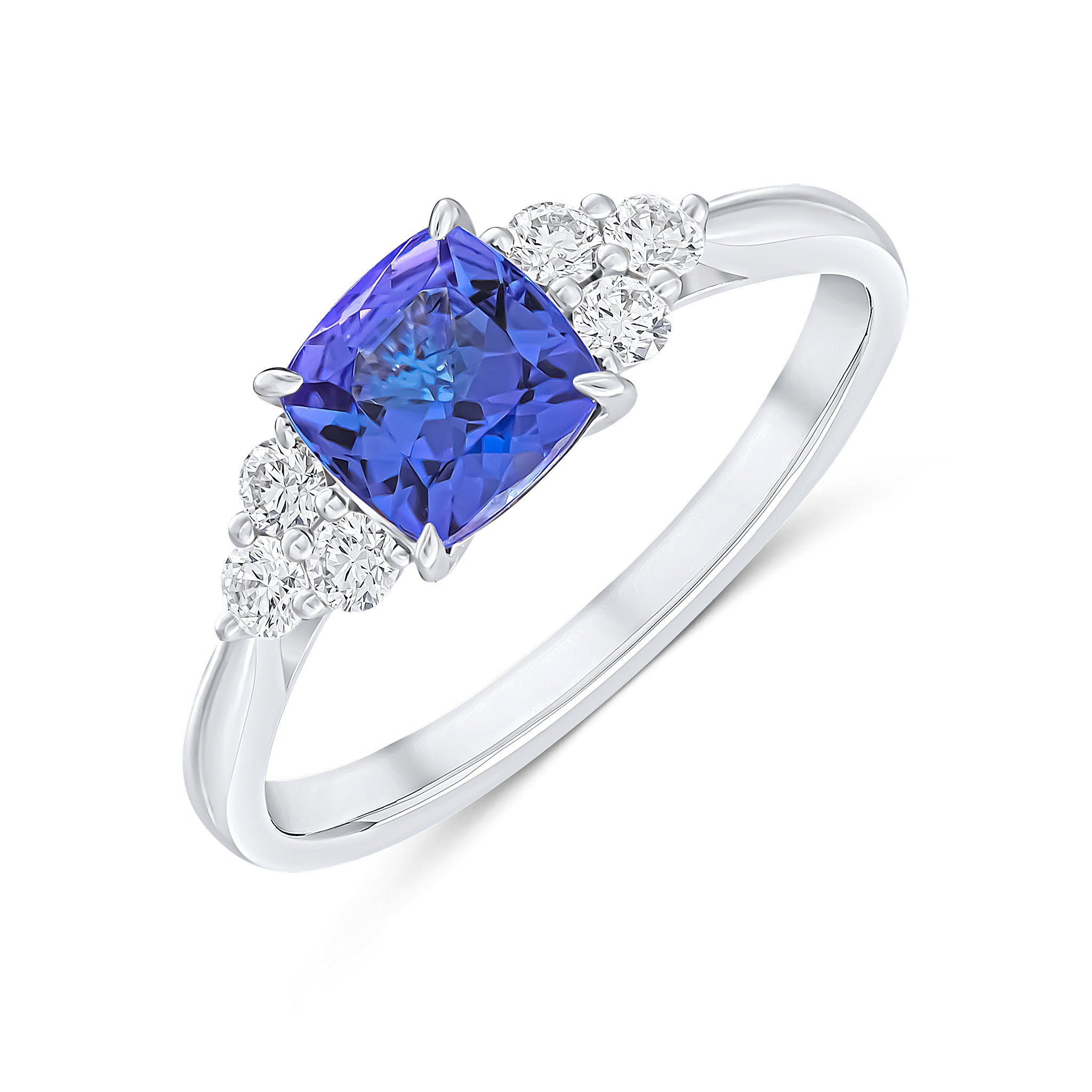 18ct White Gold 6mm Cushion Tanzanite and Round Diamond Trefoil Shoulders Claw Set Ring