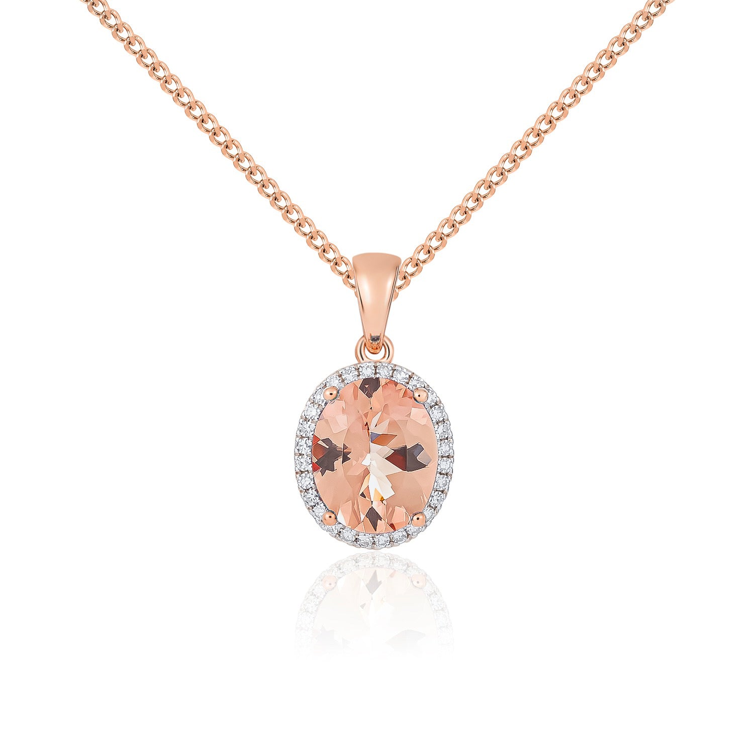 9ct rose gold 10 x 8mm oval morganite & diamond Claw cluster pendant. Rhodium