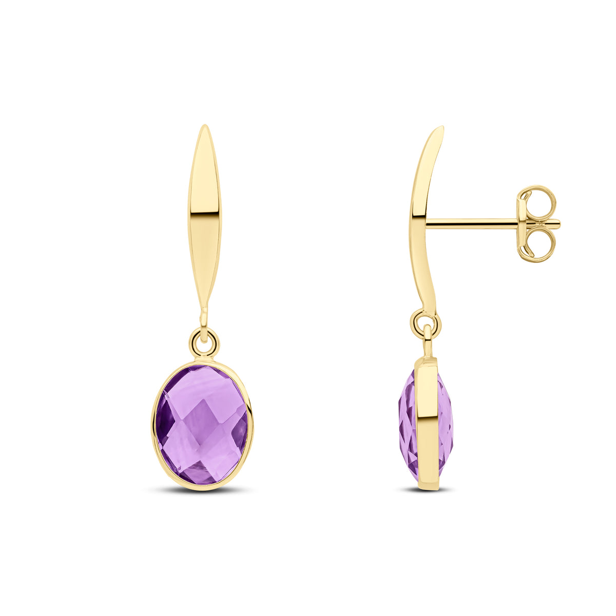 9ct Yellow Gold Polished Marquise Bar Top with Checkerboard Cut Oval Amethyst Drop Earrings