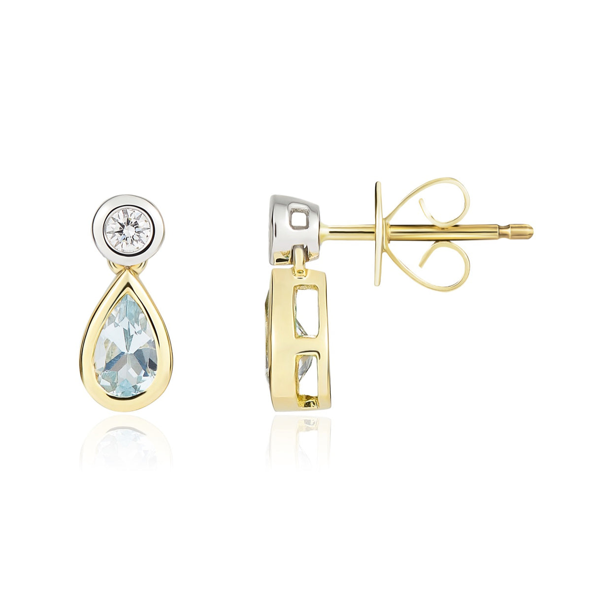 18ct Ywg Pear Shape Aquamarine and Round Diamond Rubover 2 Stone Drop Earrings